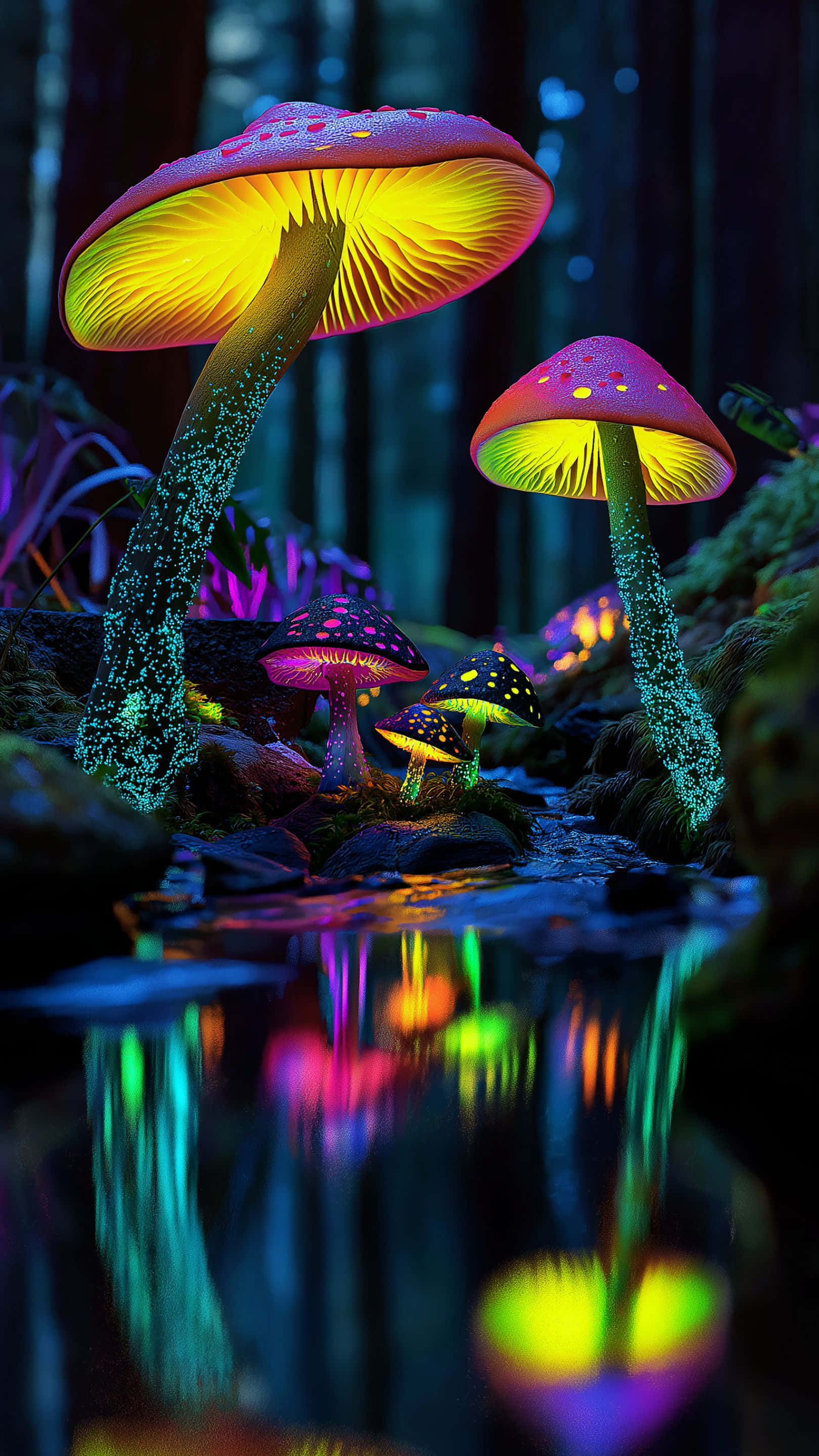 bioluminescent mushrooms, enchanted forest, dark forest stream, 2K Phone Wallpaper