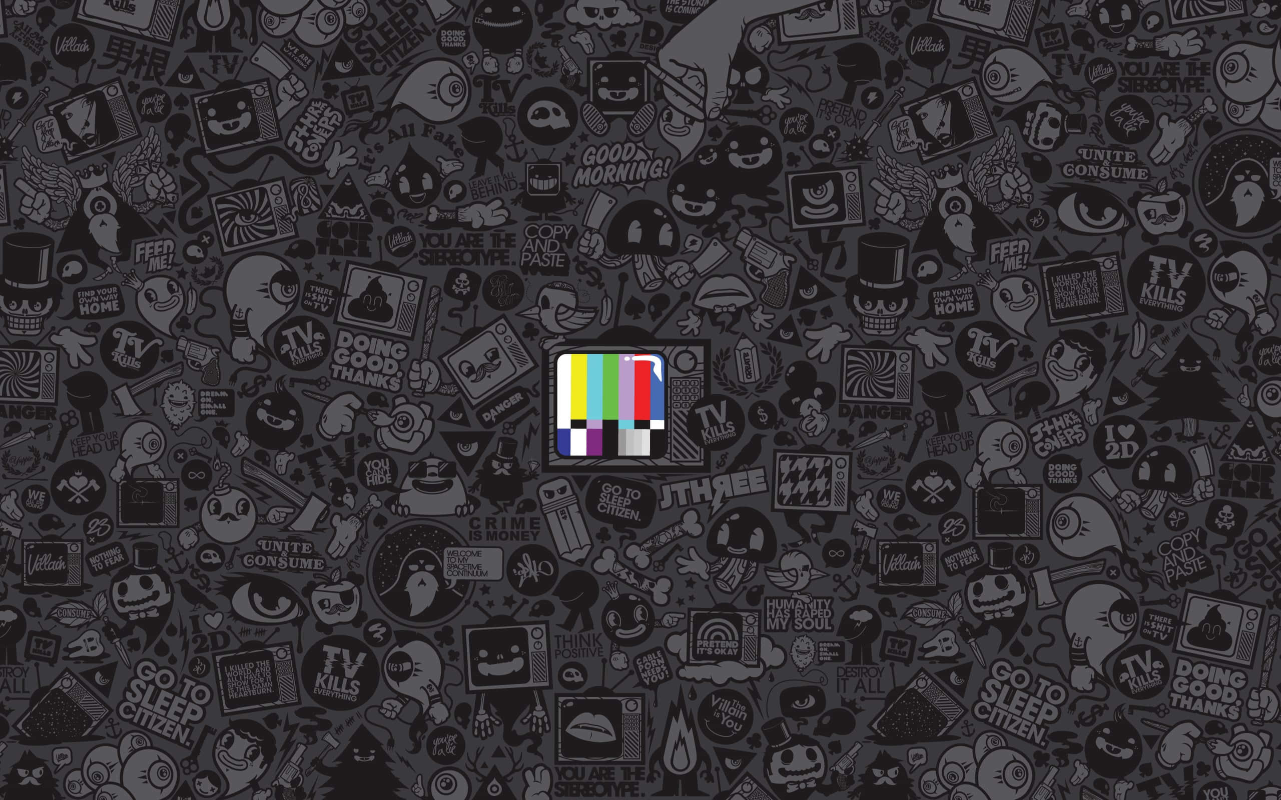 Funk, dark gray, chaotic cartoon stickers, 2K Desktop Wallpaper