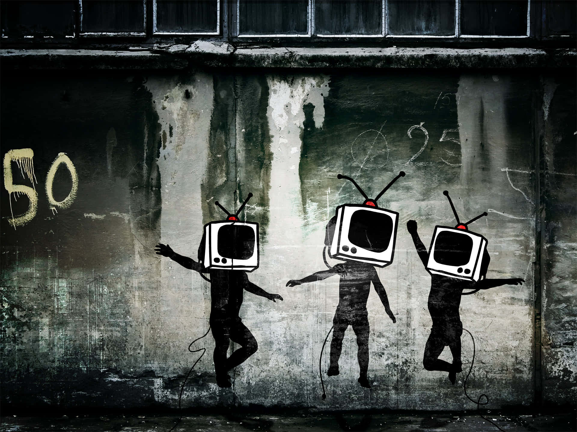 Funk, vintage TV heads, gritty urban wall, Full HD Desktop Wallpaper