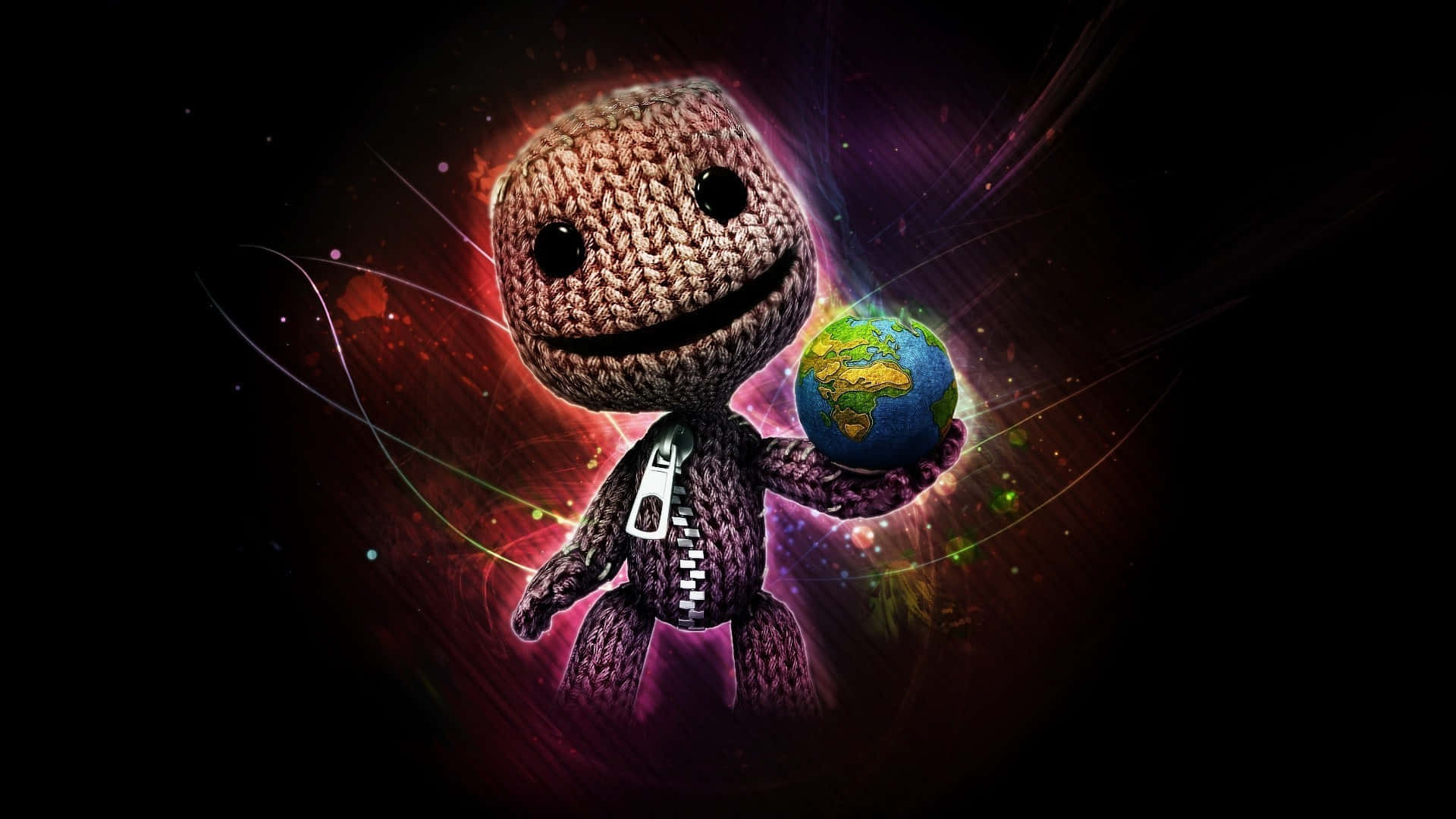 Funk, knitted plush character, glowing Earth, Full HD Desktop Wallpaper