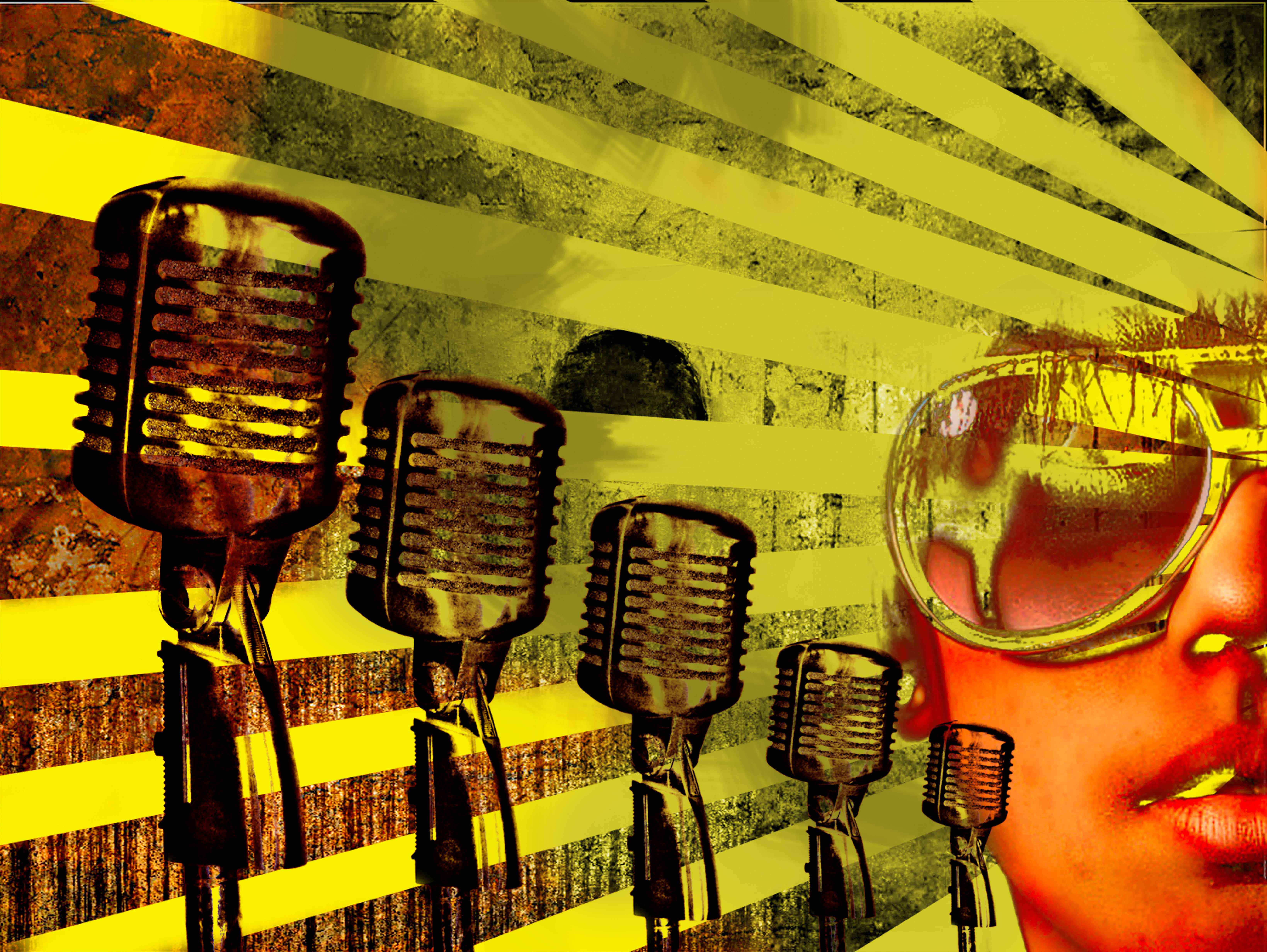 funk 6557 x 4926, vintage microphones, bold yellow striped background, 5K Desktop Wallpaper