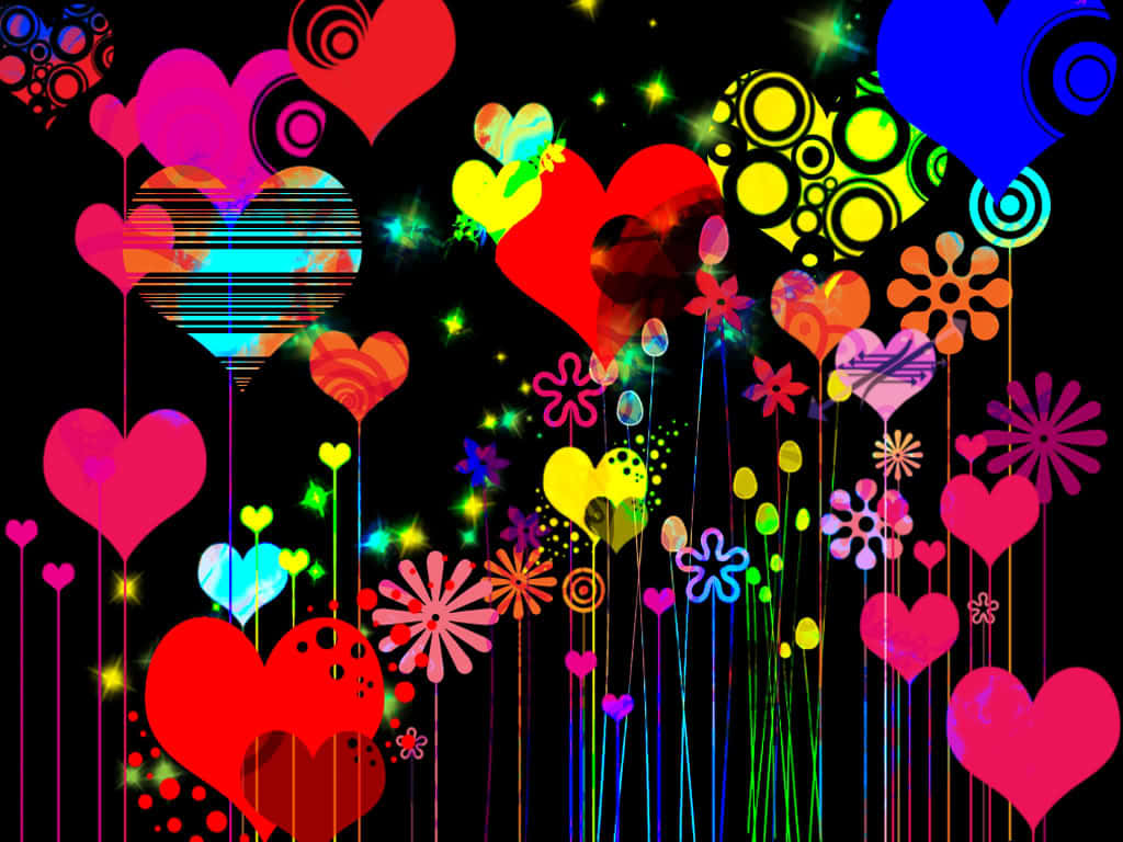 neon hearts, flowers, black background, SD Desktop Wallpaper