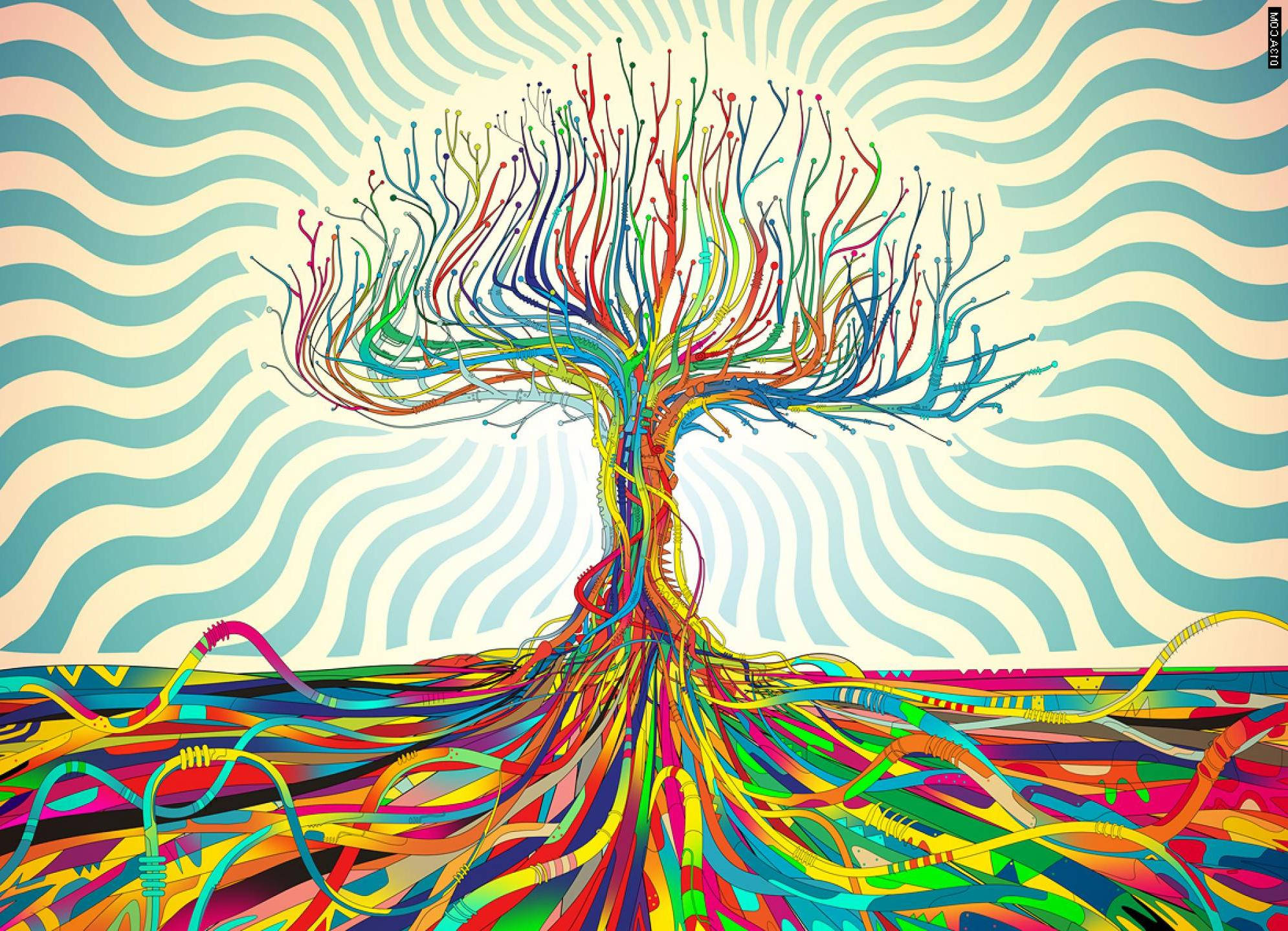 abstract tree, multicolored wires, wavy blue and cream background, Full HD Desktop Wallpaper