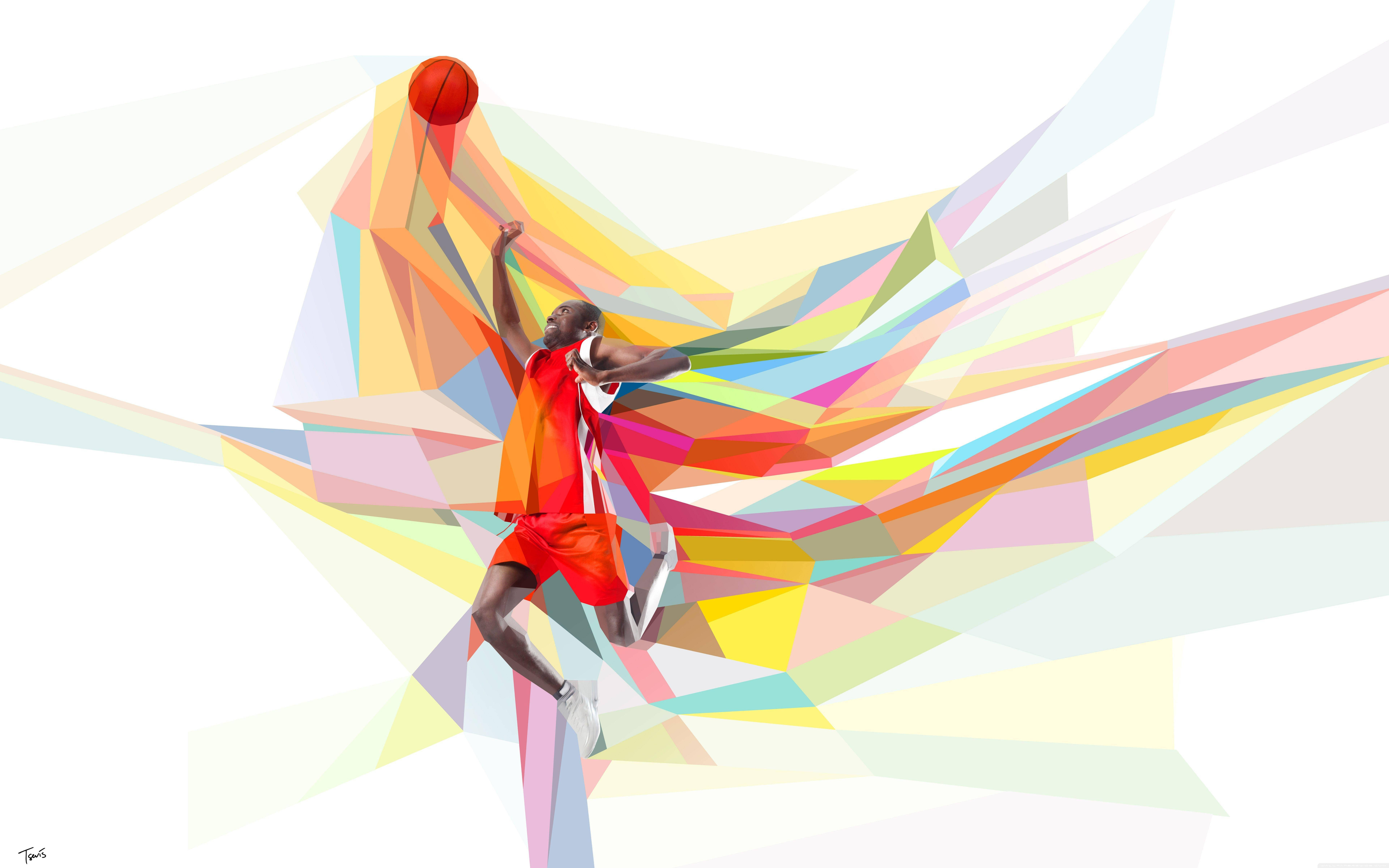 funky basketball player, orange jersey, vibrant abstract geometric background, 8K Desktop Wallpaper
