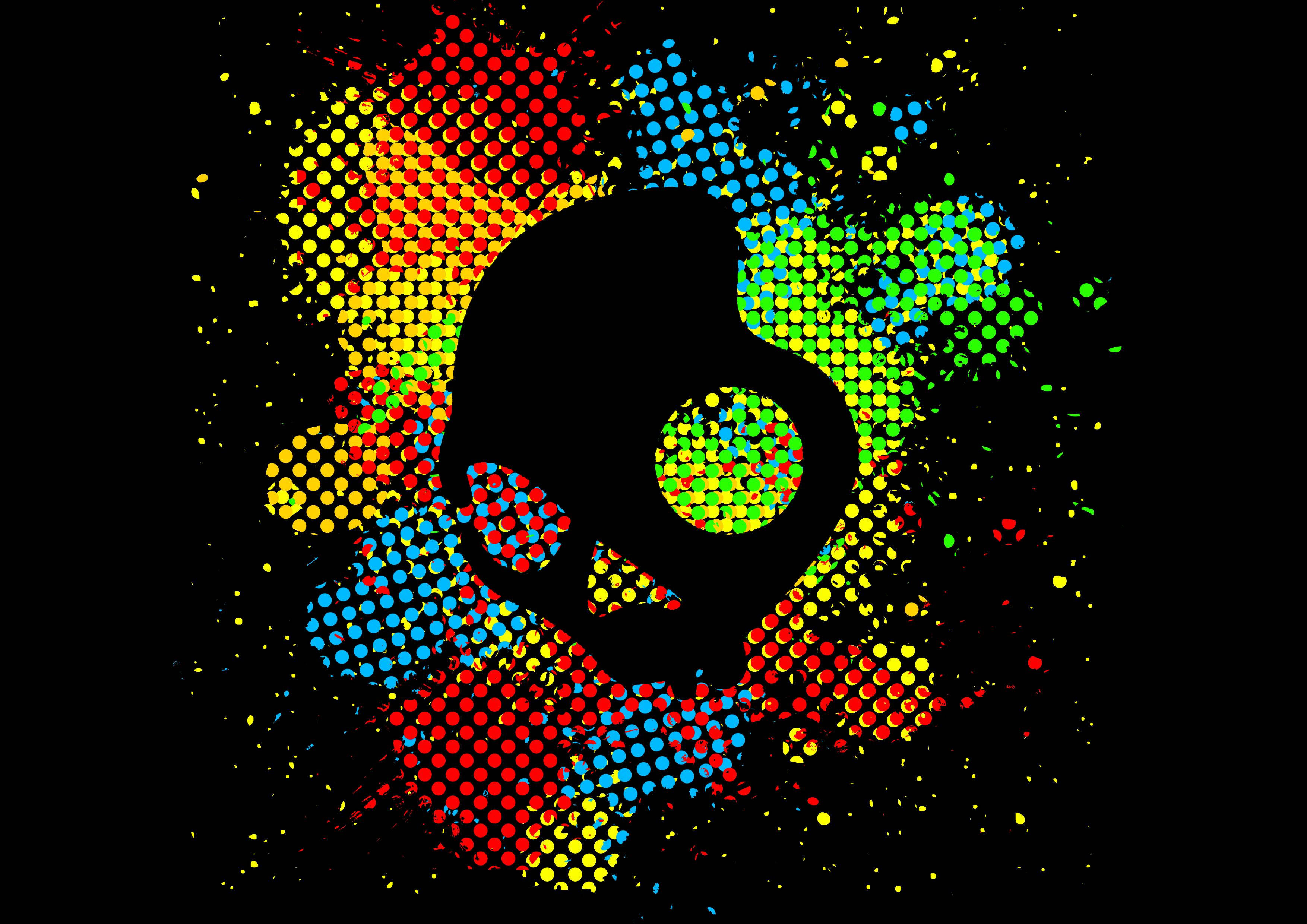 funky skull art, black skull silhouette, vibrant halftone splatters, 2K Desktop Wallpaper