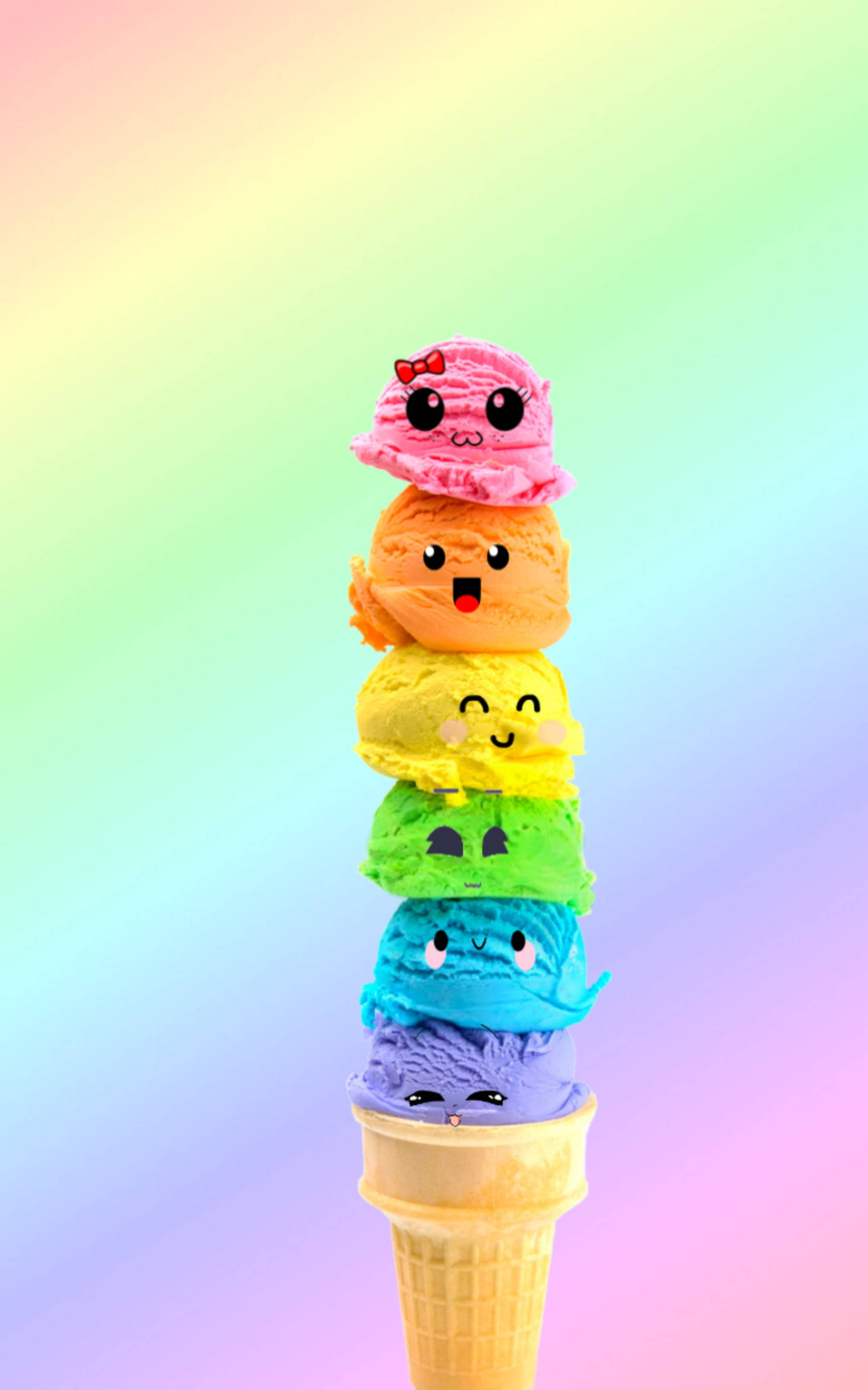rainbow-colored ice cream scoops, cute cartoon faces, waffle cone, 2K Phone Wallpaper
