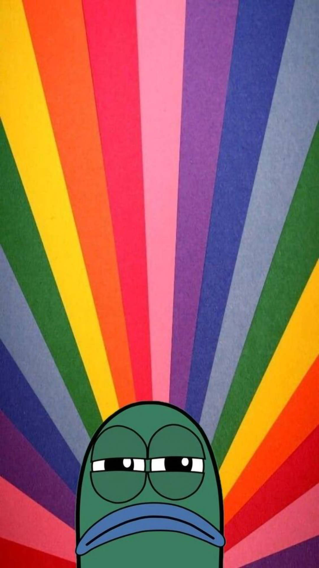 green cartoon frog, bored expression, vibrant rainbow radial background, Full HD Phone Wallpaper