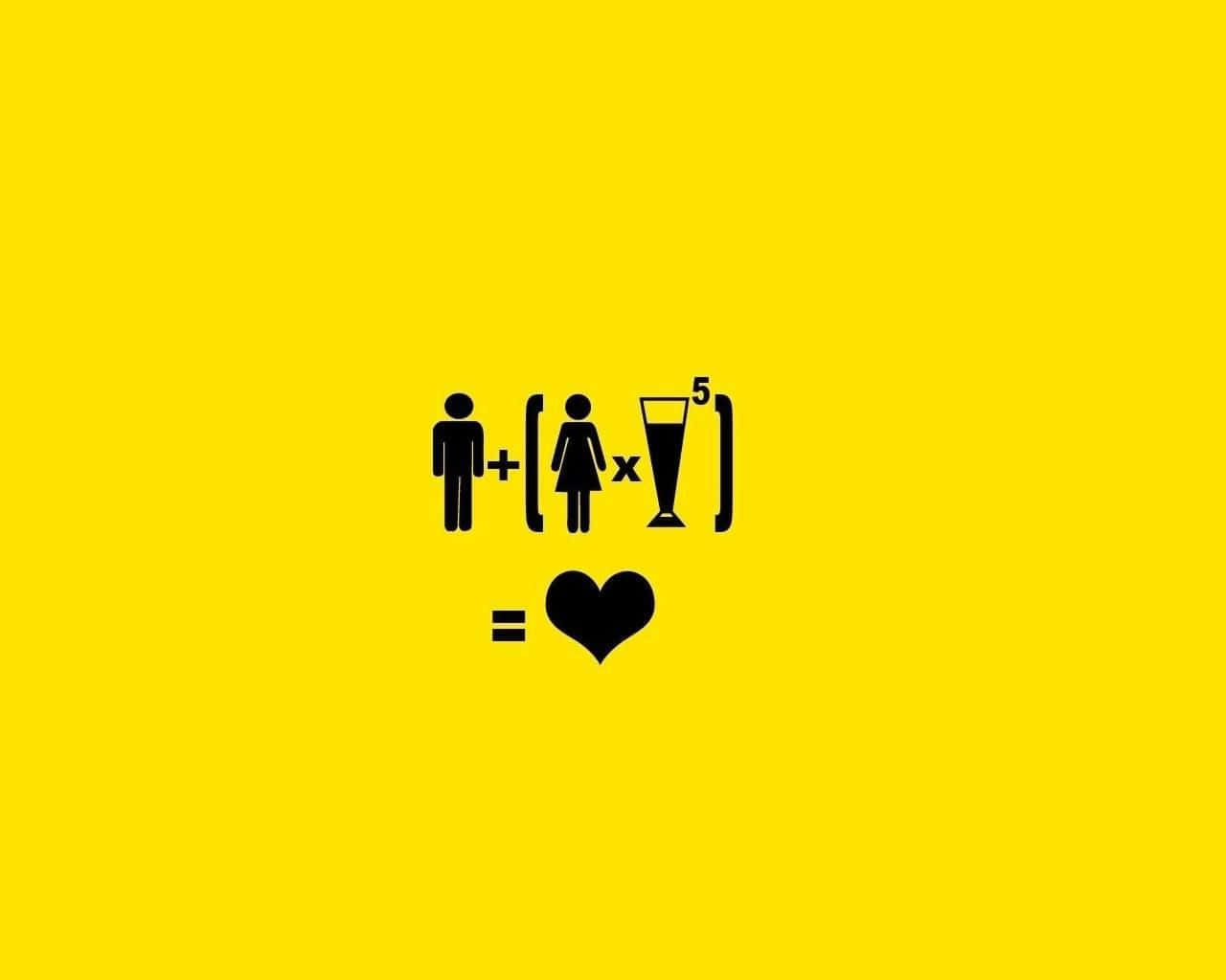 Bold black icons, vibrant yellow background, man plus woman times champagne equals heart symbol, HD Desktop Wallpaper
