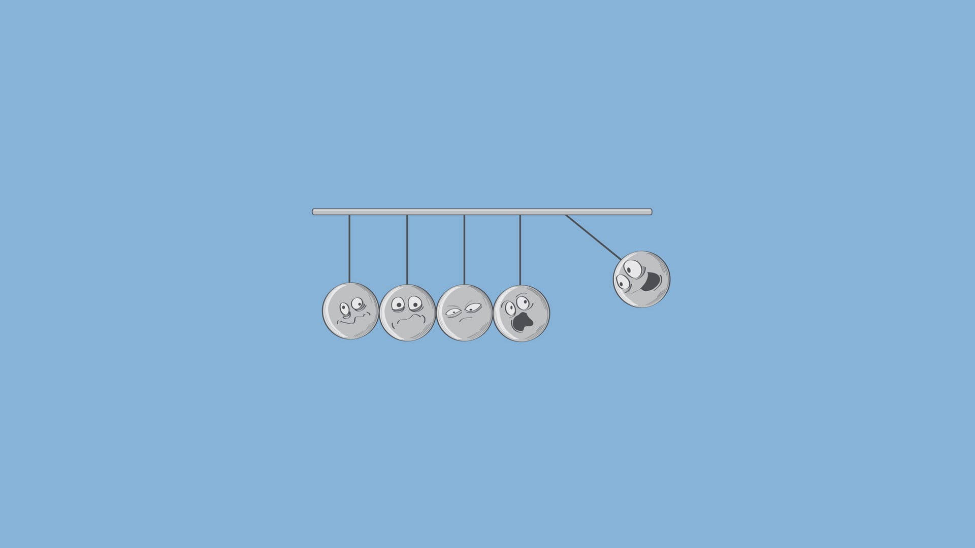 Funny Faces Balls, cartoon Newton's cradle, five silver balls, Full HD Desktop Wallpaper
