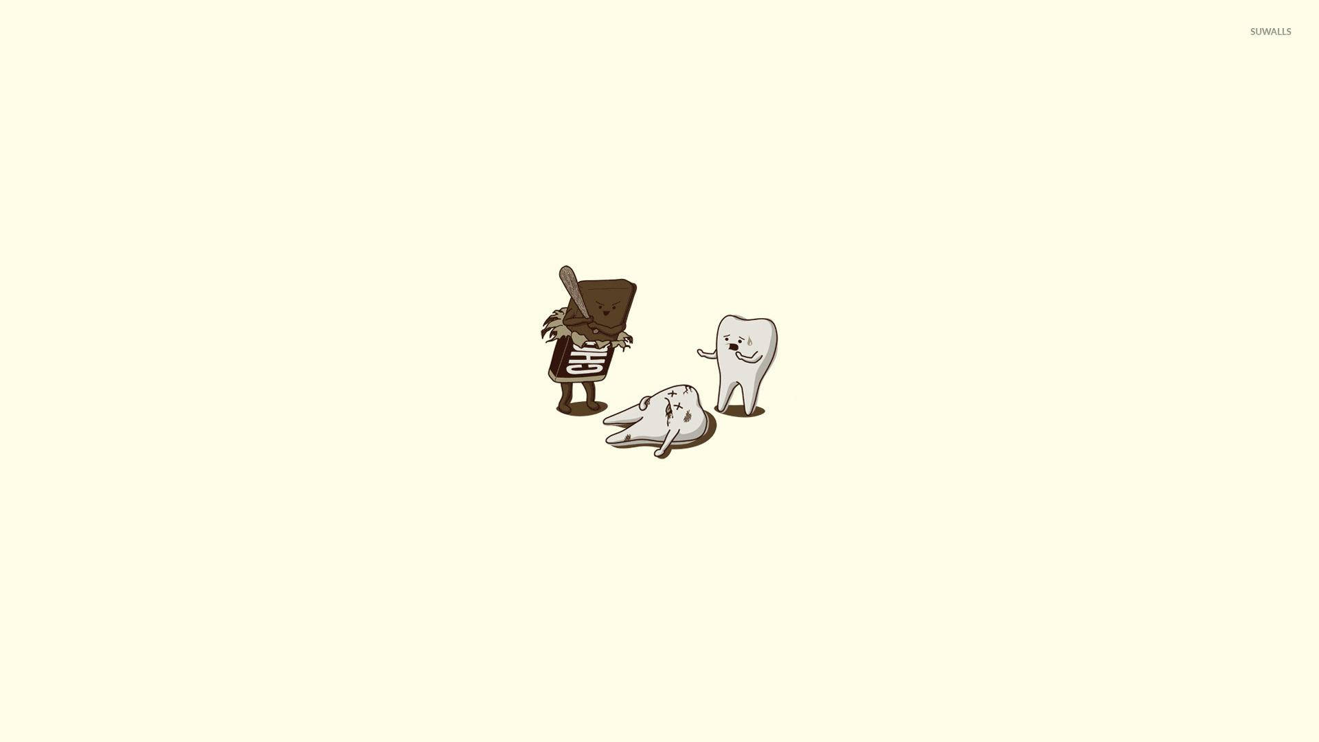 Funny Chocolate Bully Aesthetic, cartoon teeth characters, hammer, Full HD Desktop Wallpaper