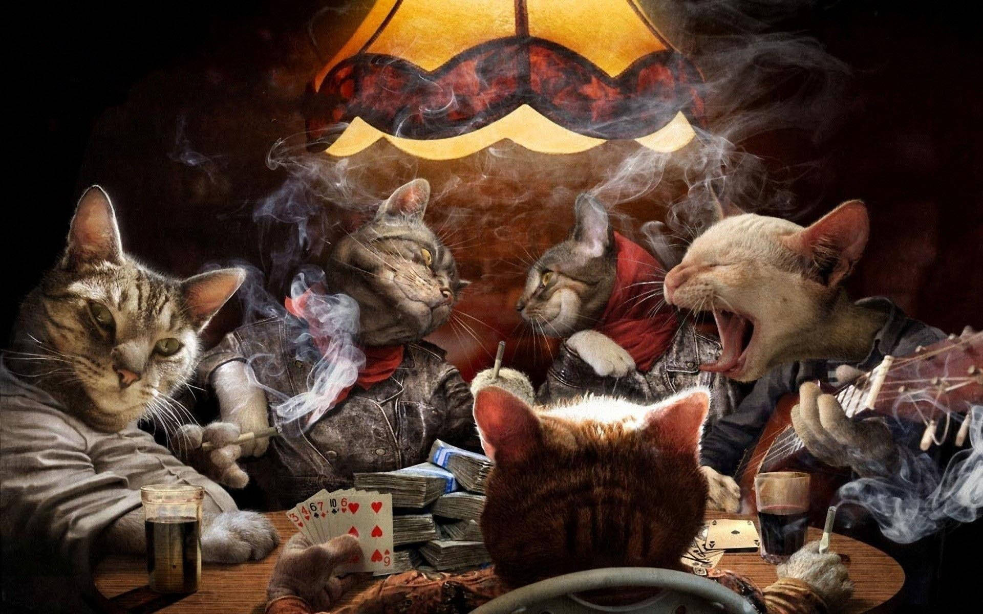 anthropomorphic cats, smoky dimly lit den, play poker, Full HD Desktop Wallpaper