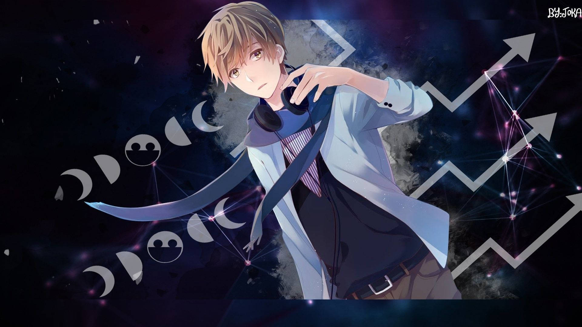 Anime boy, headphones, cosmic background, Full HD Desktop Wallpaper