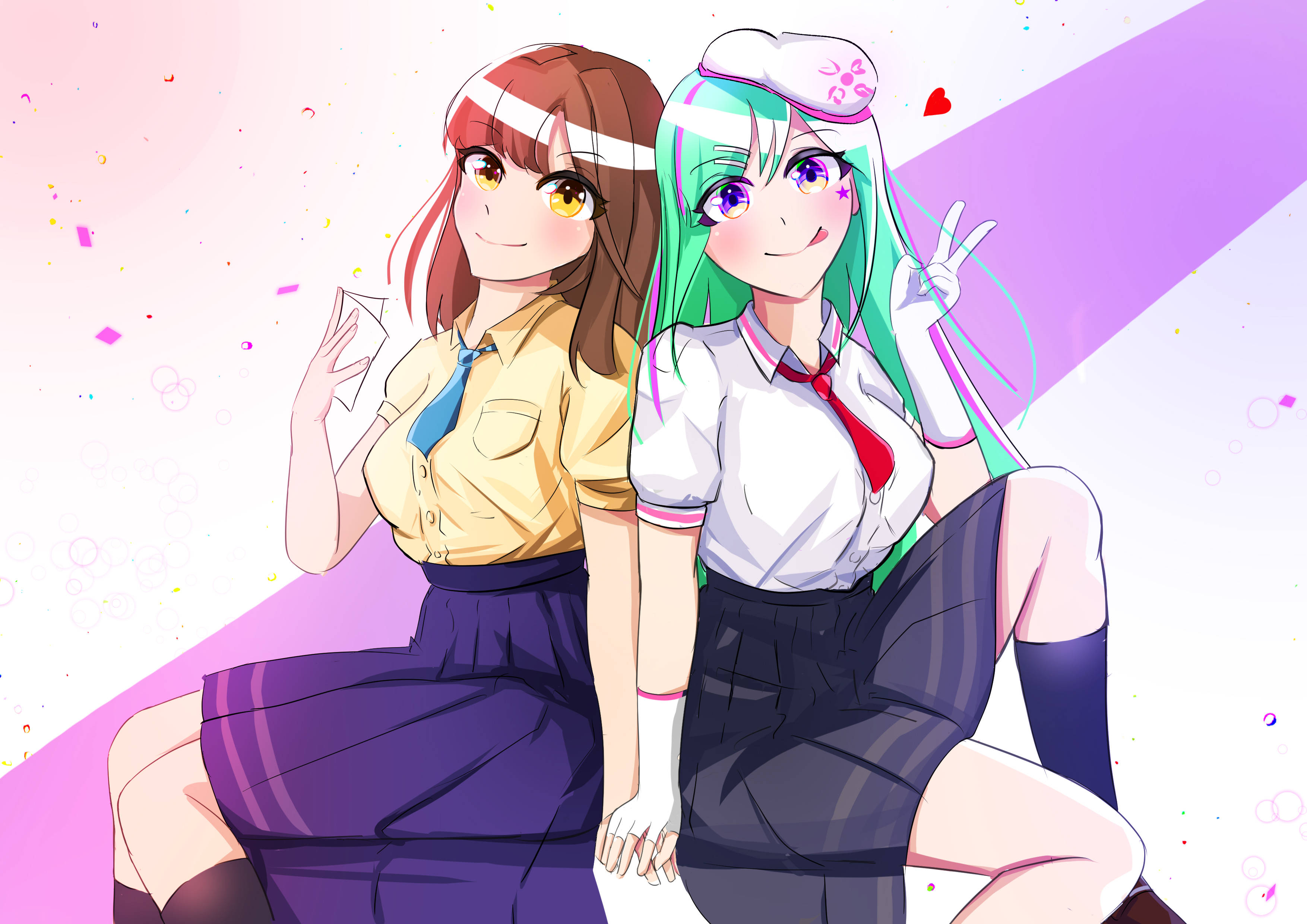 anime girls, school uniforms, pastel pink and purple background, 2K Desktop Wallpaper