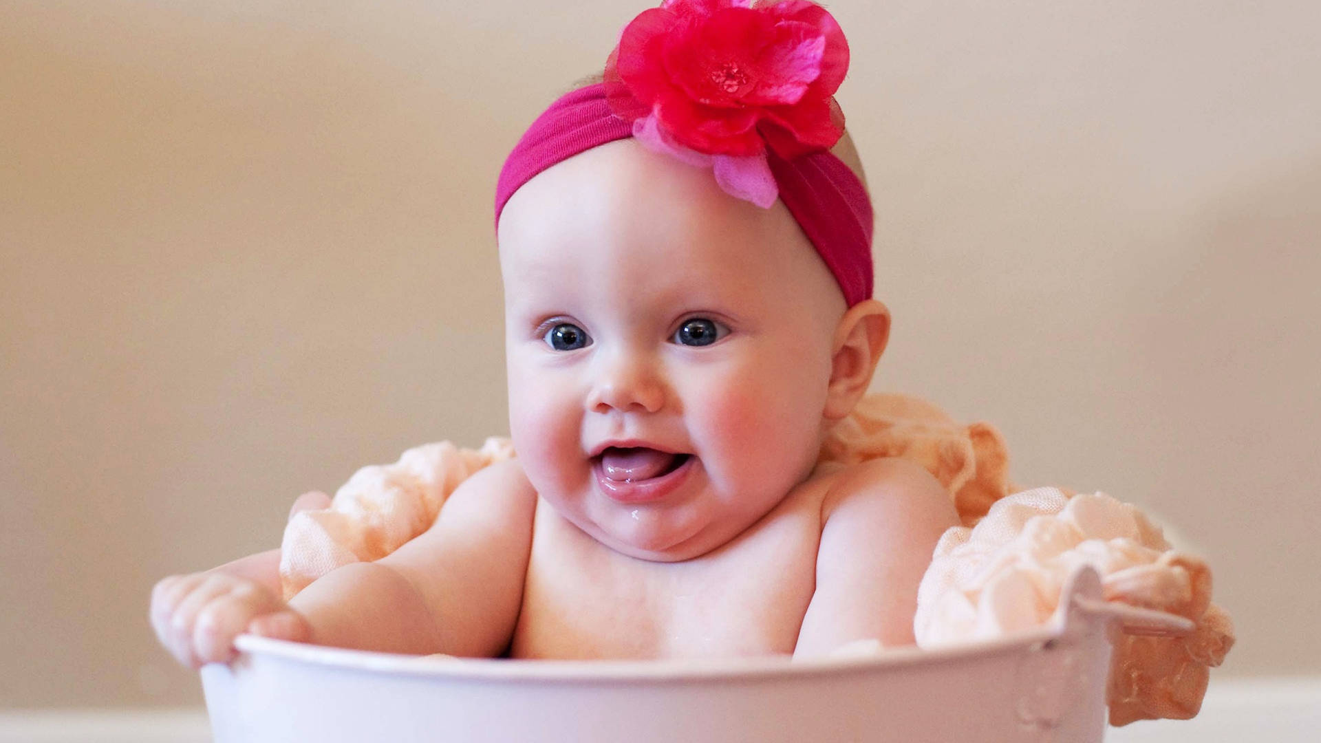 funny baby, pink flower headband, white bucket, Full HD Desktop Wallpaper