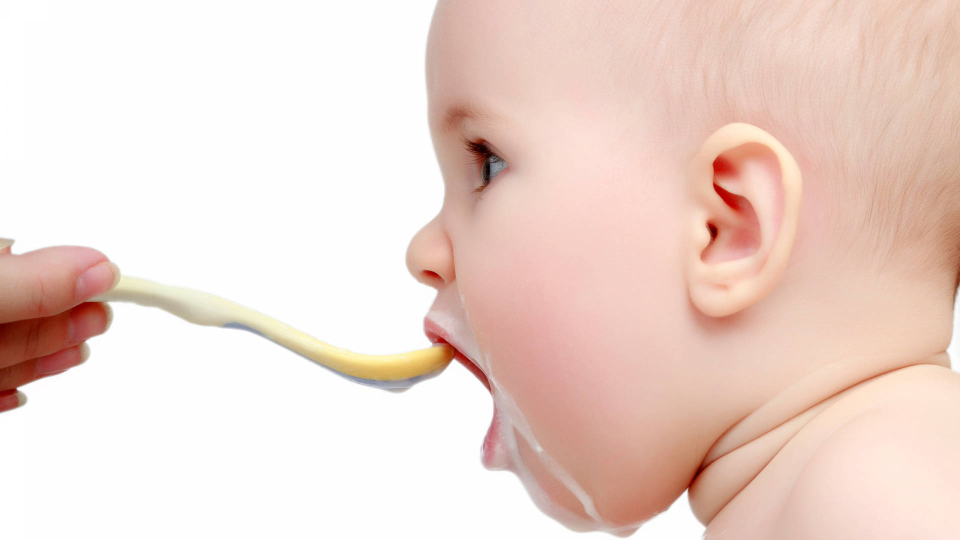 baby, yellow puree, spoon, Full HD Desktop Wallpaper