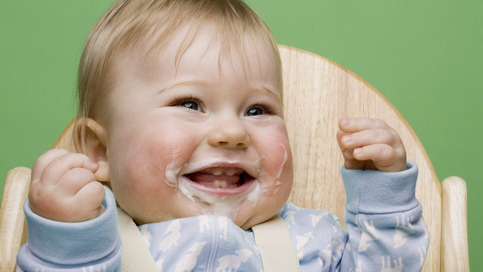 funny baby, little teeth, wooden high chair, Full HD Desktop Wallpaper