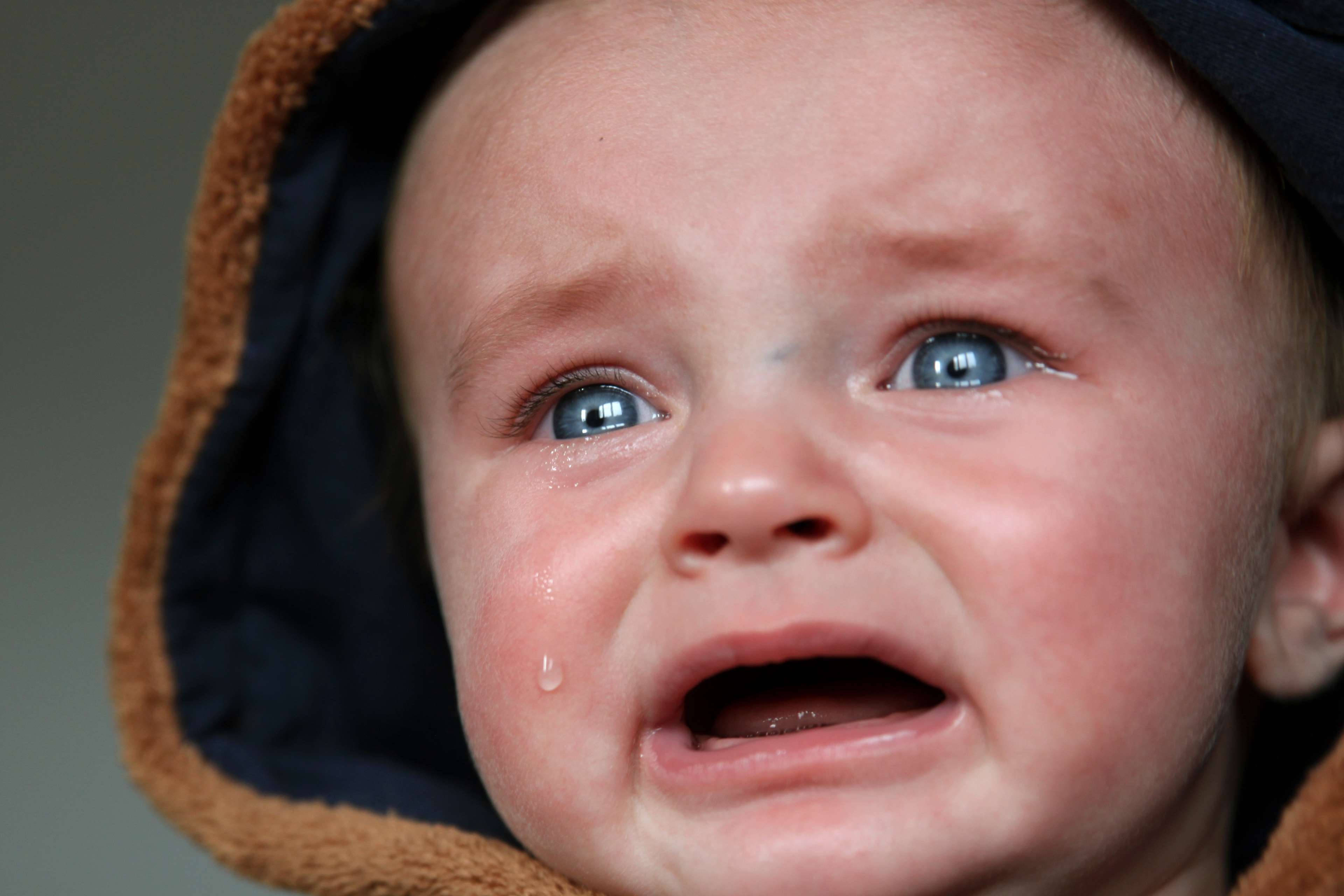 crying baby, bright blue eyes, tear rolling down cheek, 4K Desktop Wallpaper