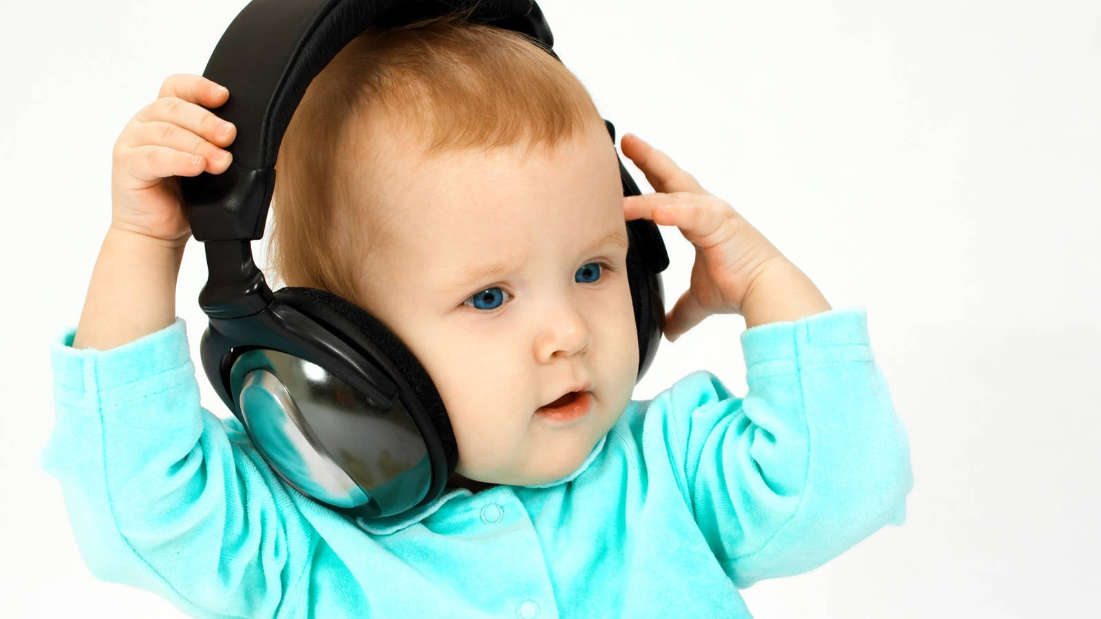 Funny Baby, turquoise shirt, oversized black headphones, HD Desktop Wallpaper