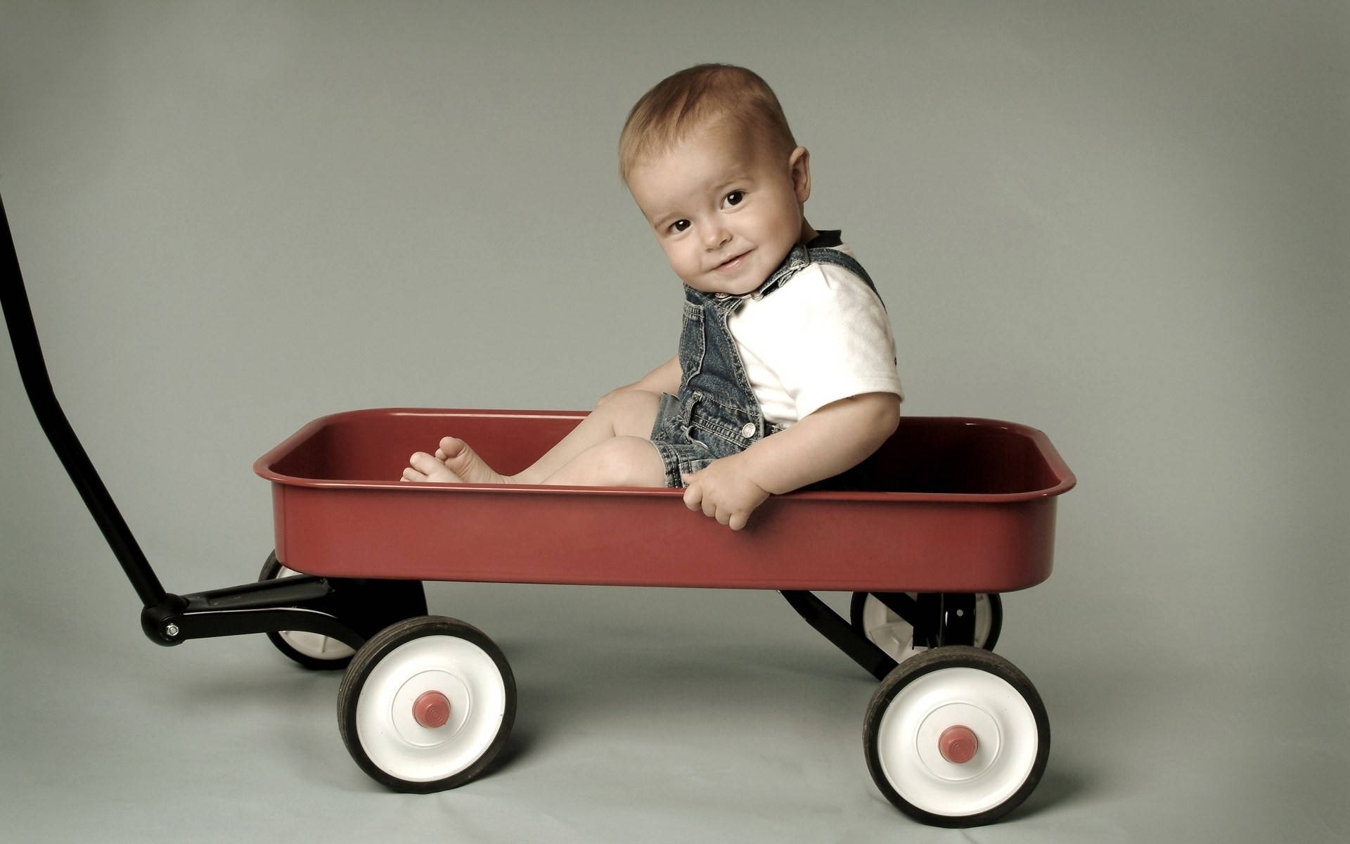 funny baby, denim overalls, vintage red wagon, Full HD Desktop Wallpaper
