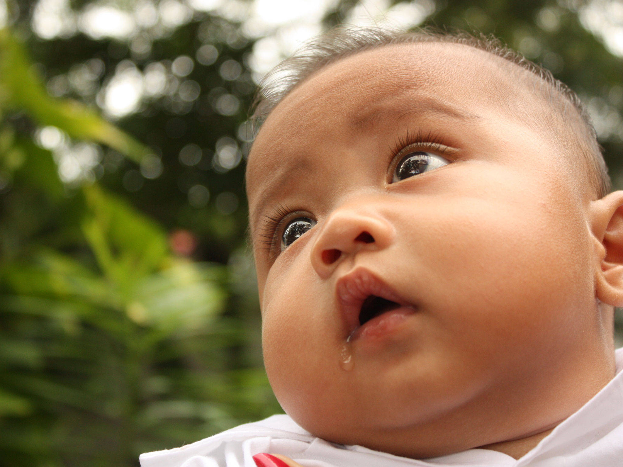 Funny Baby, drool streak, wide curious eyes, Full HD Desktop Wallpaper