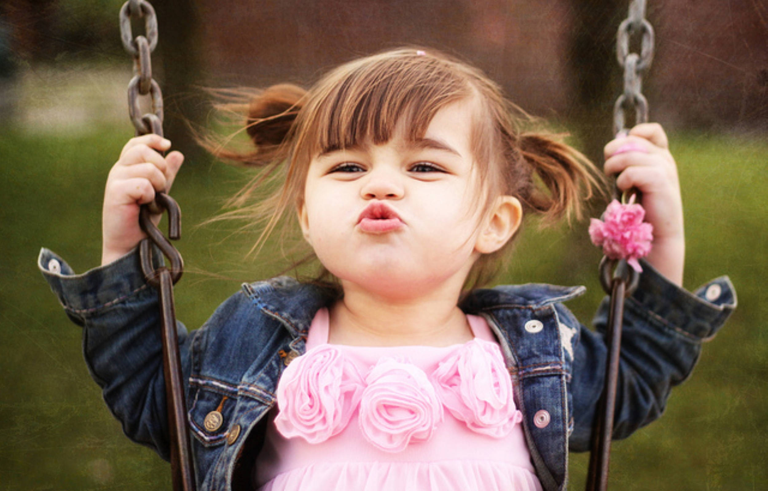 pouting lips, cute baby girl, denim jacket, Full HD Desktop Wallpaper