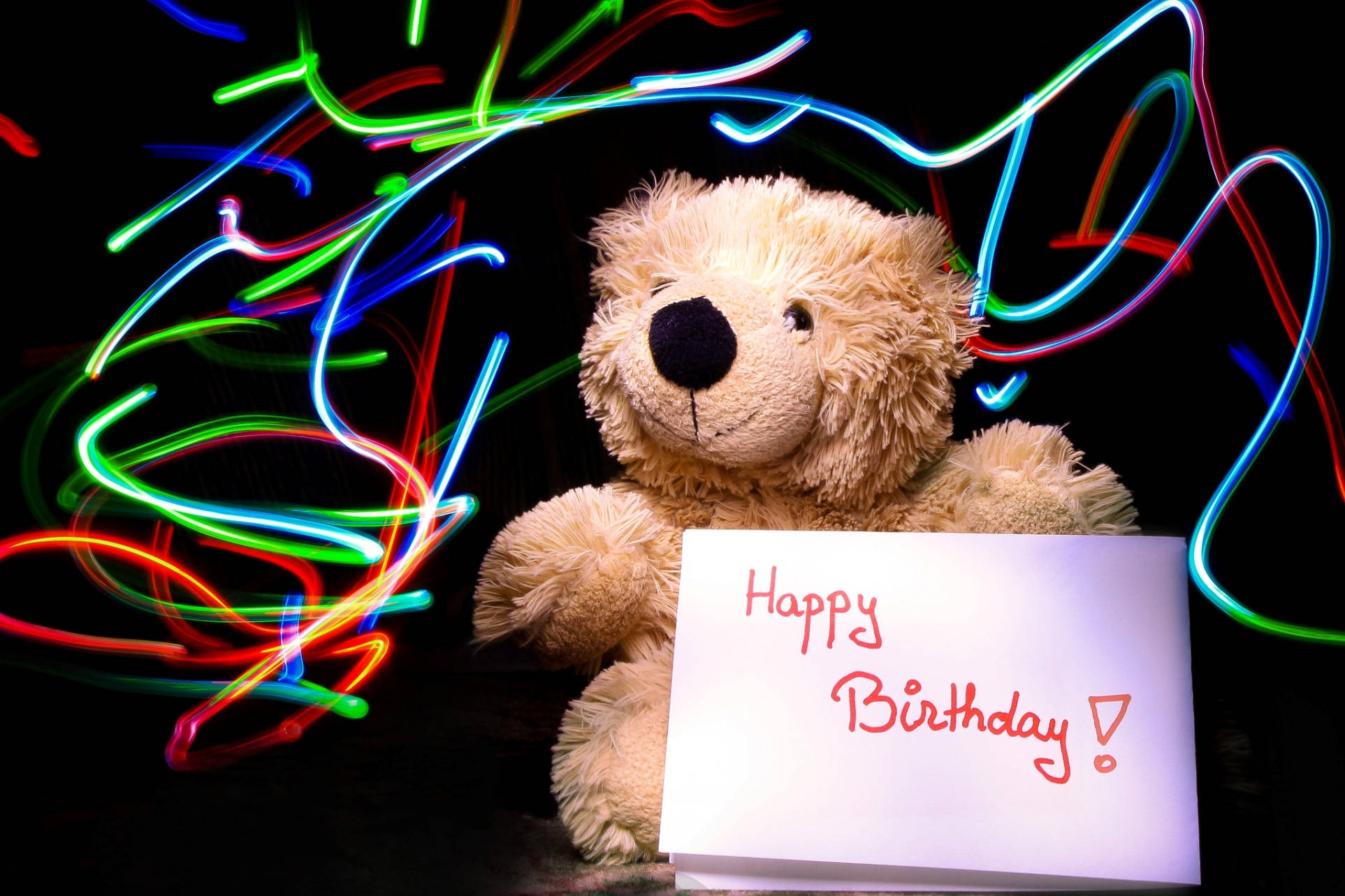 It's My Birthday Teddy Bear, fluffy beige teddy bear, colorful neon light trails, Full HD Desktop Wallpaper