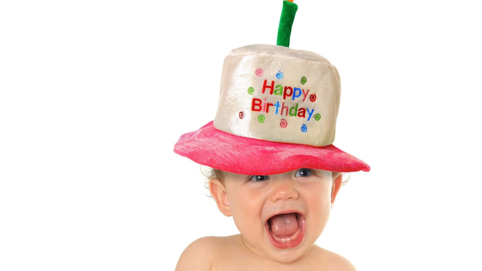 baby, pink and beige birthday hat, colorful text, HD Desktop Wallpaper