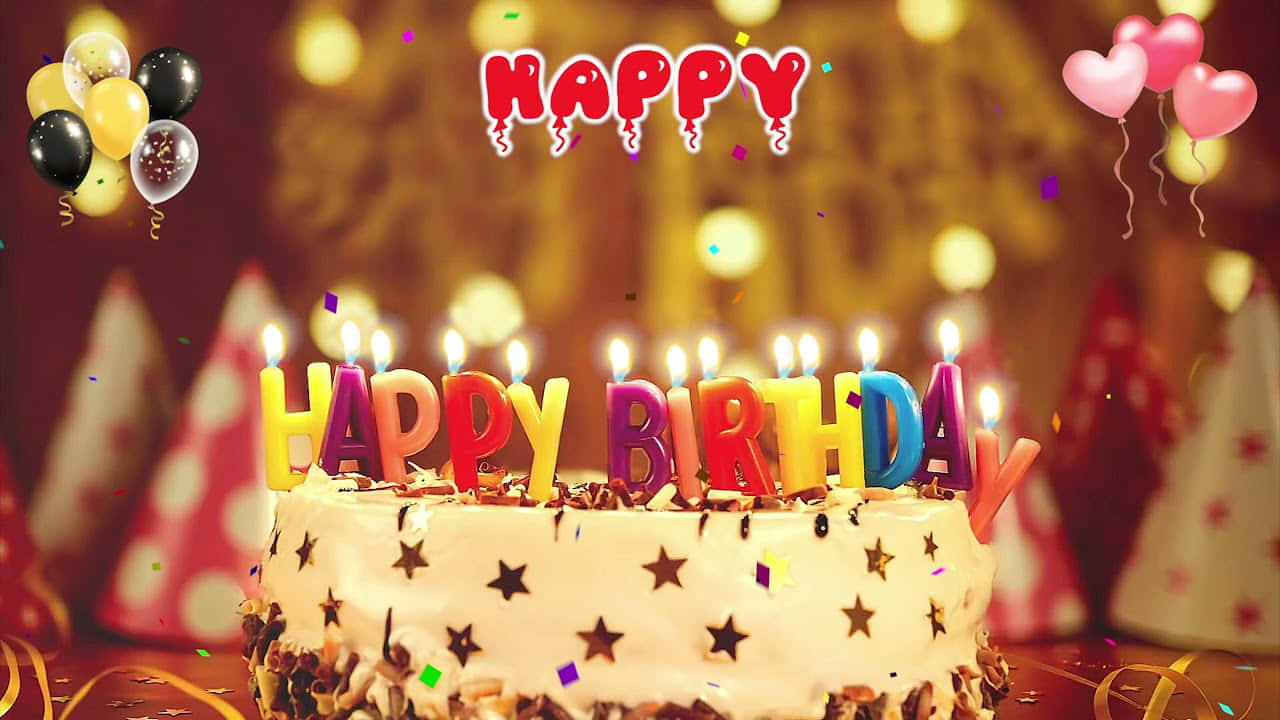 colorful birthday celebration cake, lit candles spelling happy birthday, balloons, HD Desktop Wallpaper