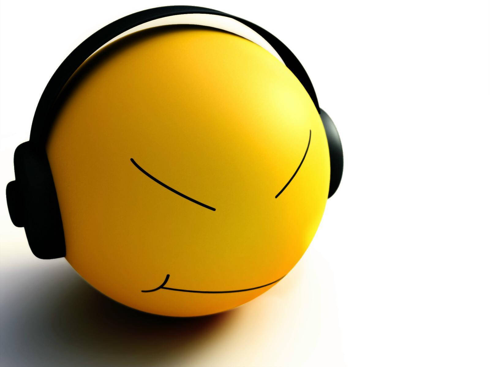 Funny Cartoon Emoji, yellow emoji sphere, black headphones, HD Desktop Wallpaper