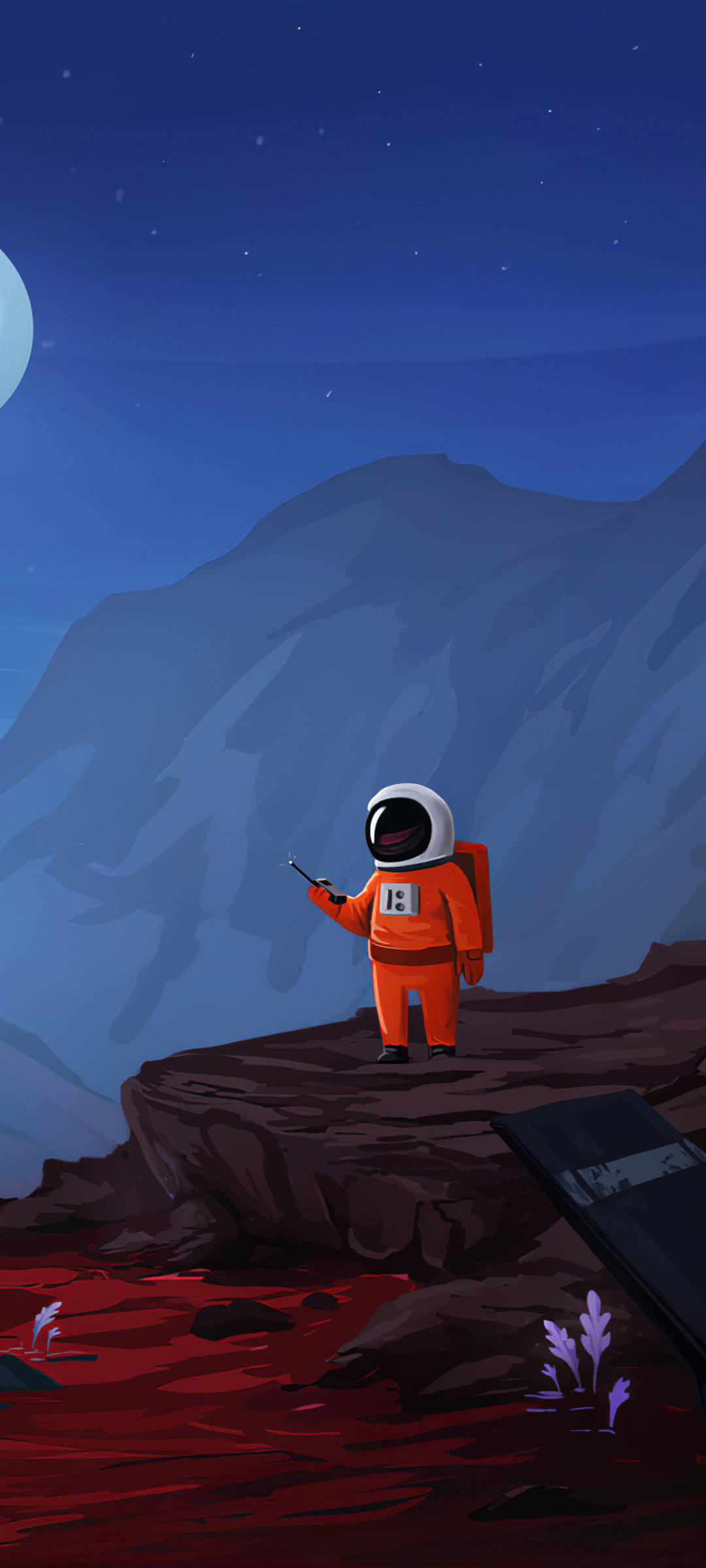 cartoon astronaut, orange suit, rocky alien planet, Full HD Phone Wallpaper