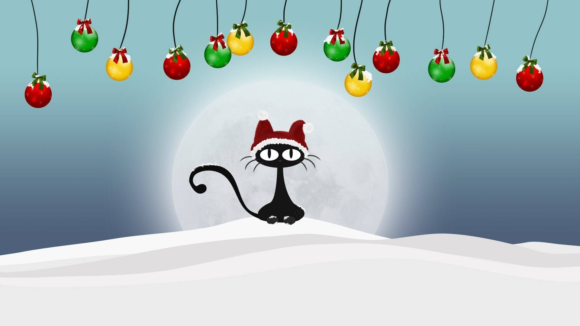 black cat, Santa hat, snowy hills, Full HD Desktop Wallpaper