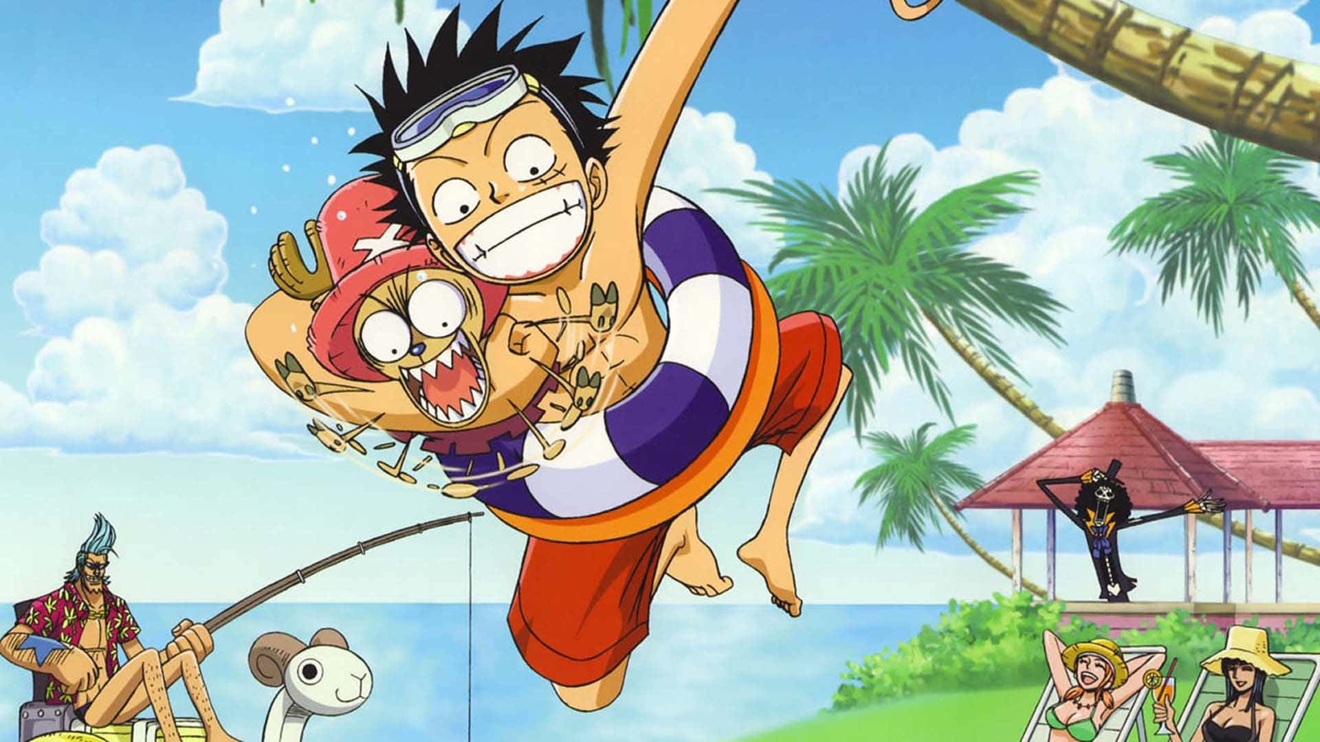 anime characters, tropical beach scene, palm trees, Full HD Desktop Wallpaper
