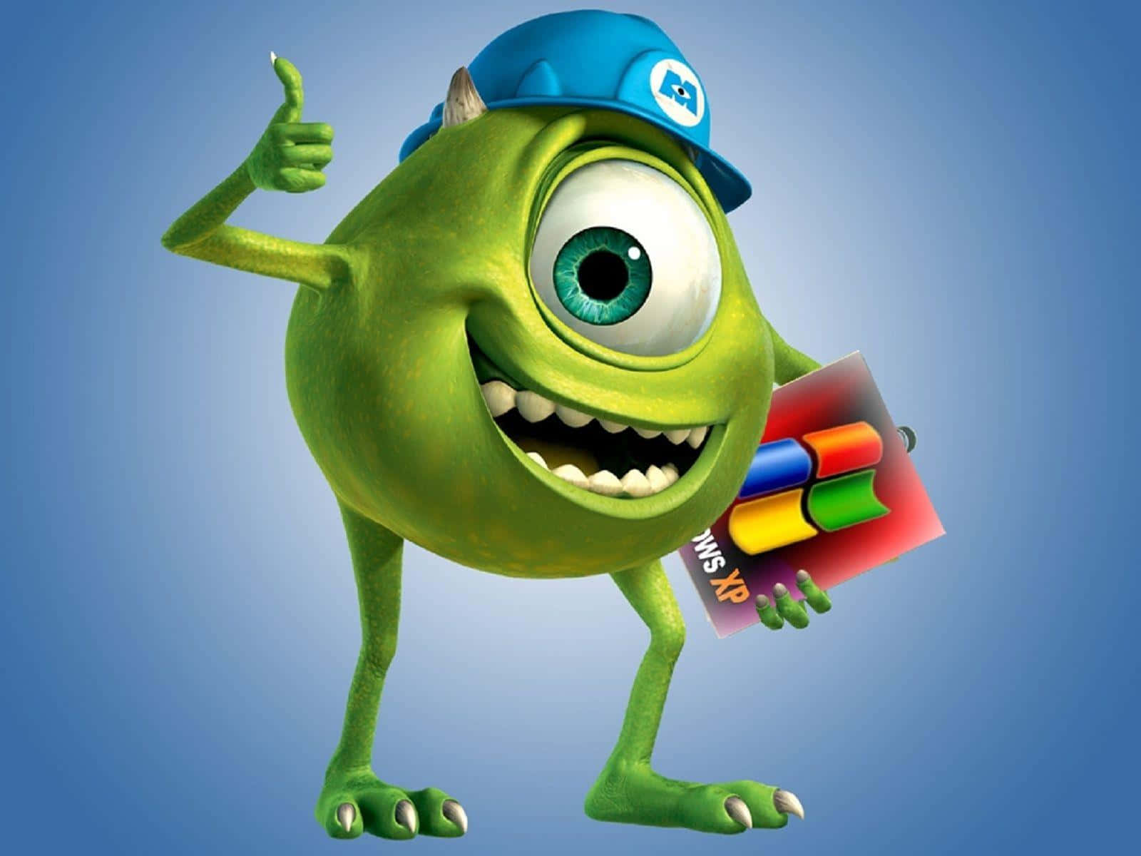 green one-eyed monster, blue cap, colorful Windows XP box, HD Desktop Wallpaper