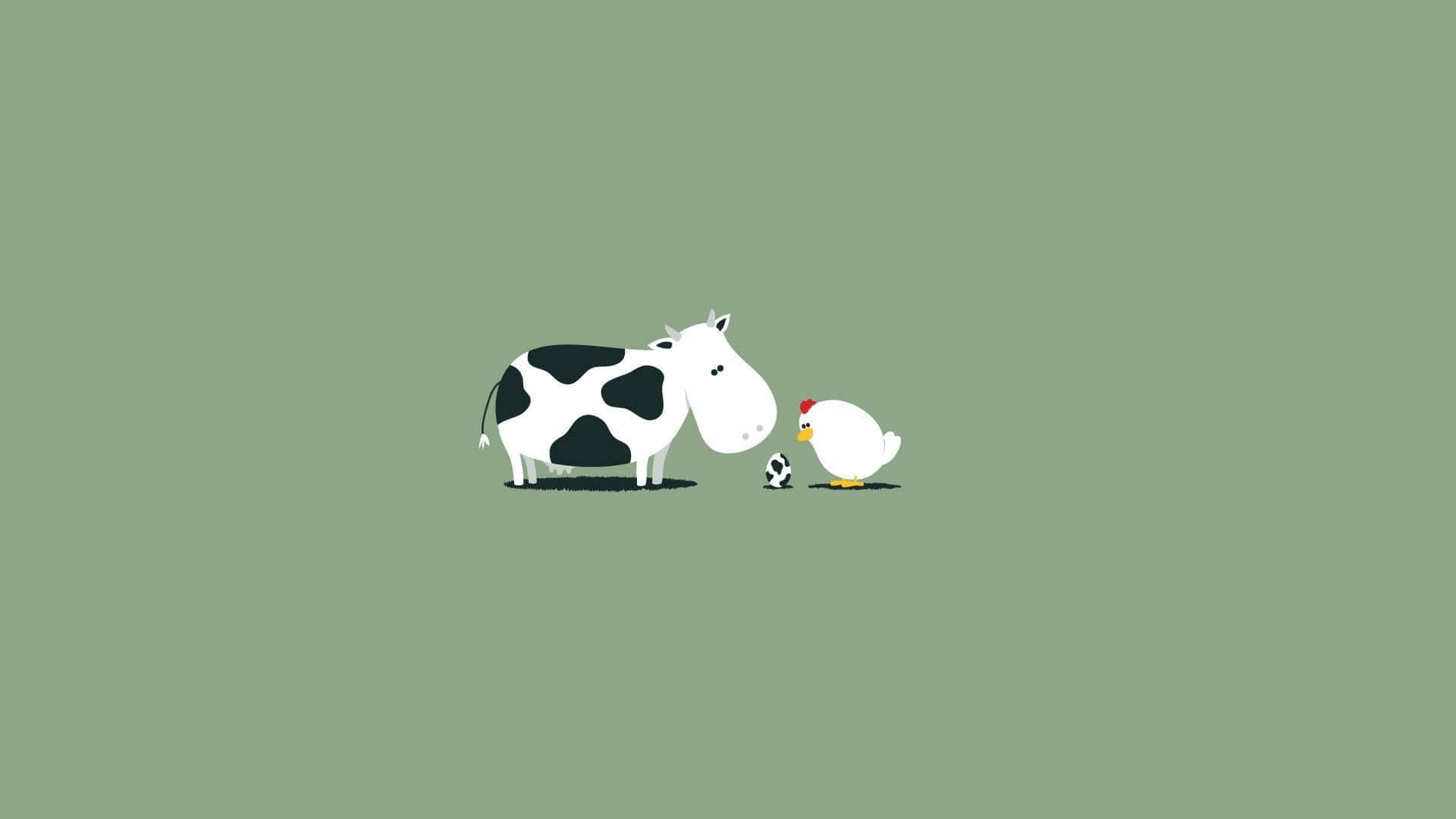 black and white cow, white chicken, solid sage green background, Full HD Desktop Wallpaper