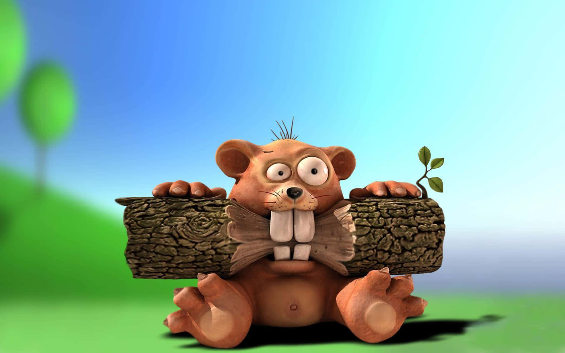 cartoon beaver, giant teeth, log, Full HD Desktop Wallpaper