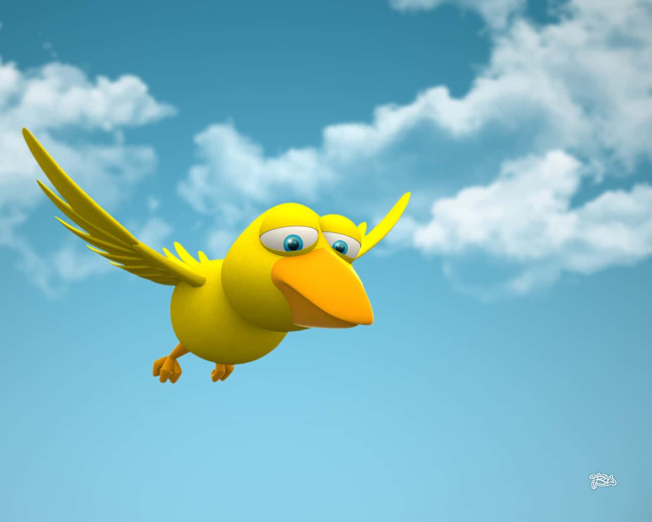bright yellow cartoon bird, large blue eyes, clear blue sky, HD Desktop Wallpaper