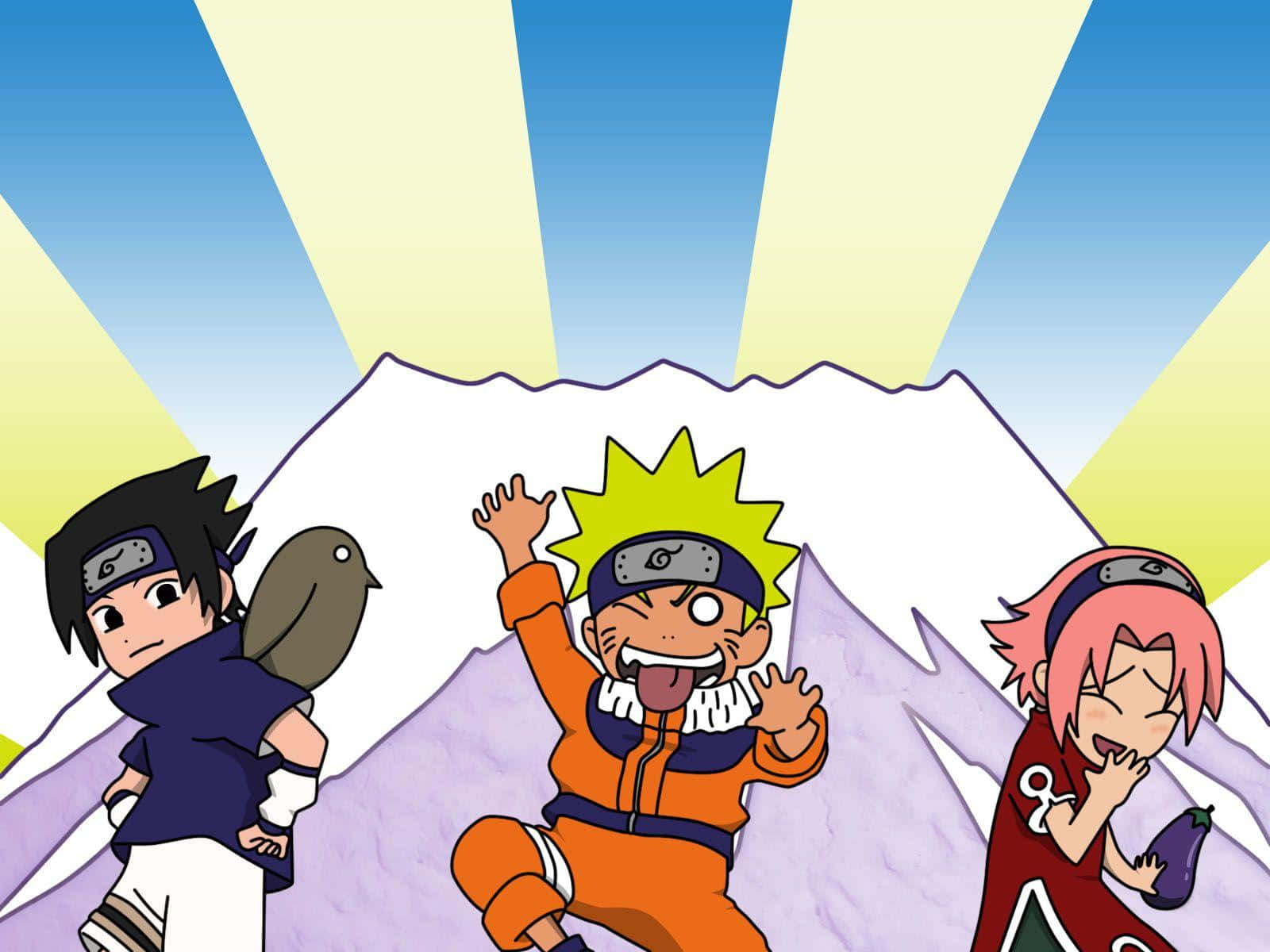 anime characters, stylized snow-capped mountain, radiant sunburst sky, HD Desktop Wallpaper