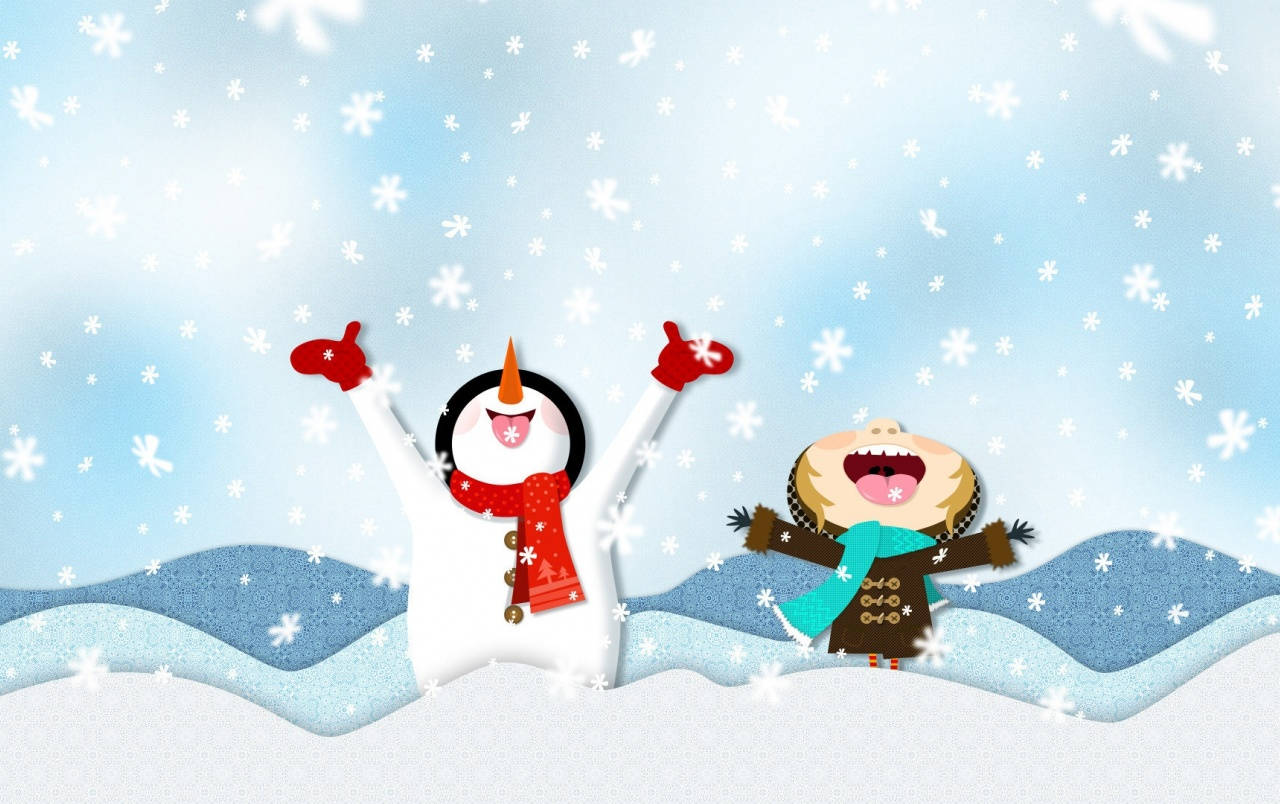 Happy Snowman, cartoon snowman, child in winter gear, HD Desktop Wallpaper
