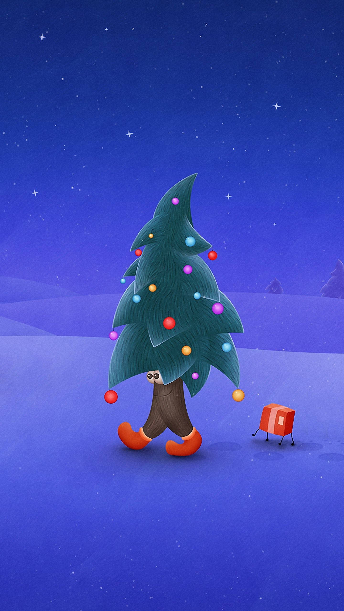 Walking Christmas Tree, orange boots, snowy field, 2K Phone Wallpaper