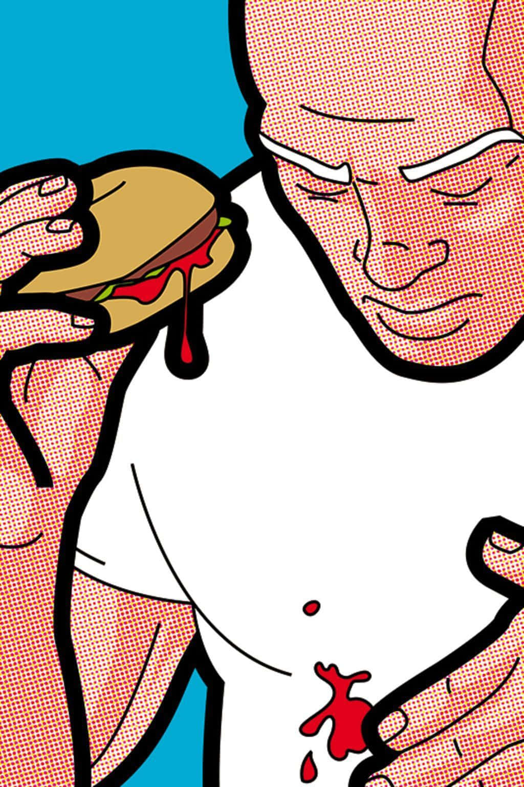 bald man, white shirt, dripping burger, HD Phone Wallpaper