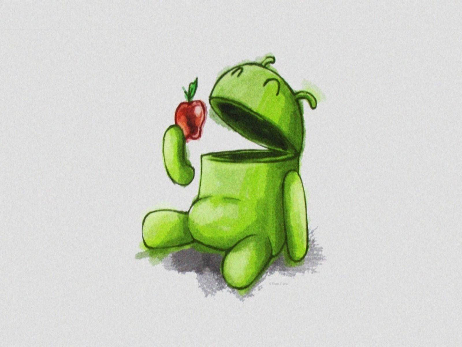 green Android mascot, red apple, cheerful expression, HD Desktop Wallpaper