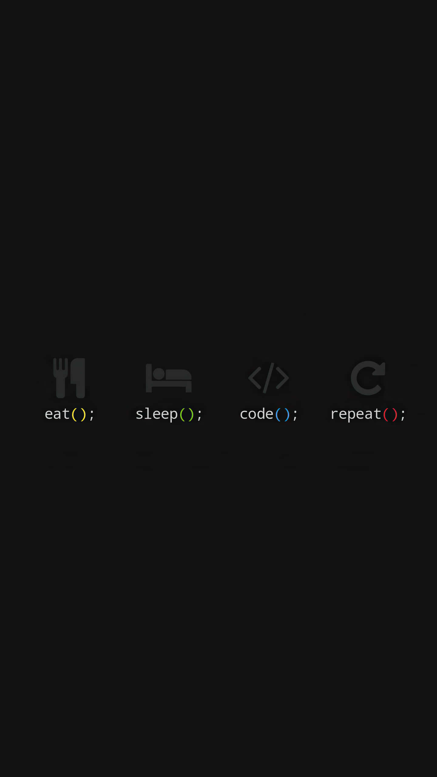 Funny Coding, minimalist black background, four colorful developer icons, 2K Phone Wallpaper