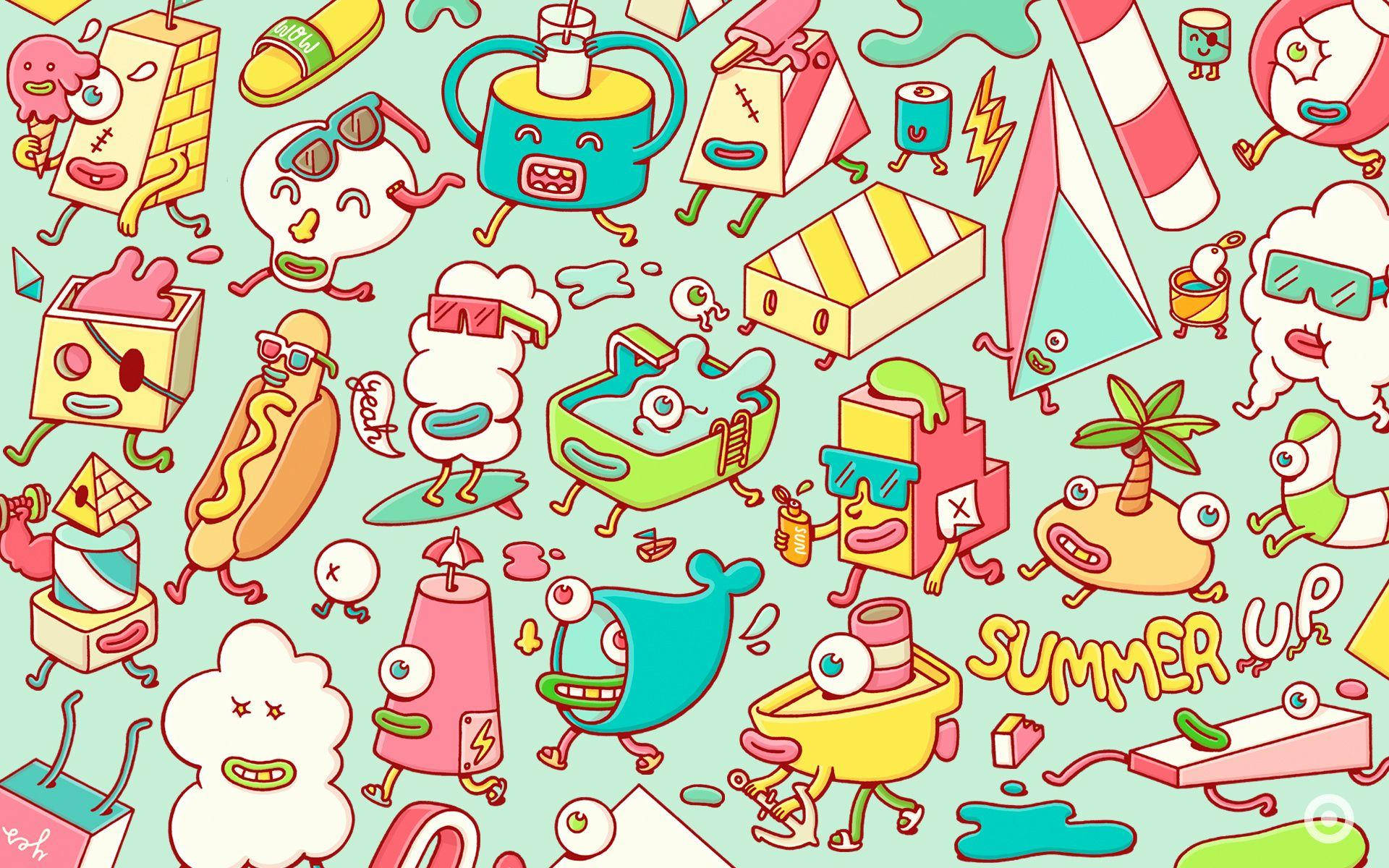 kawaii laptop, colorful pattern, cartoon characters, Full HD Desktop Wallpaper