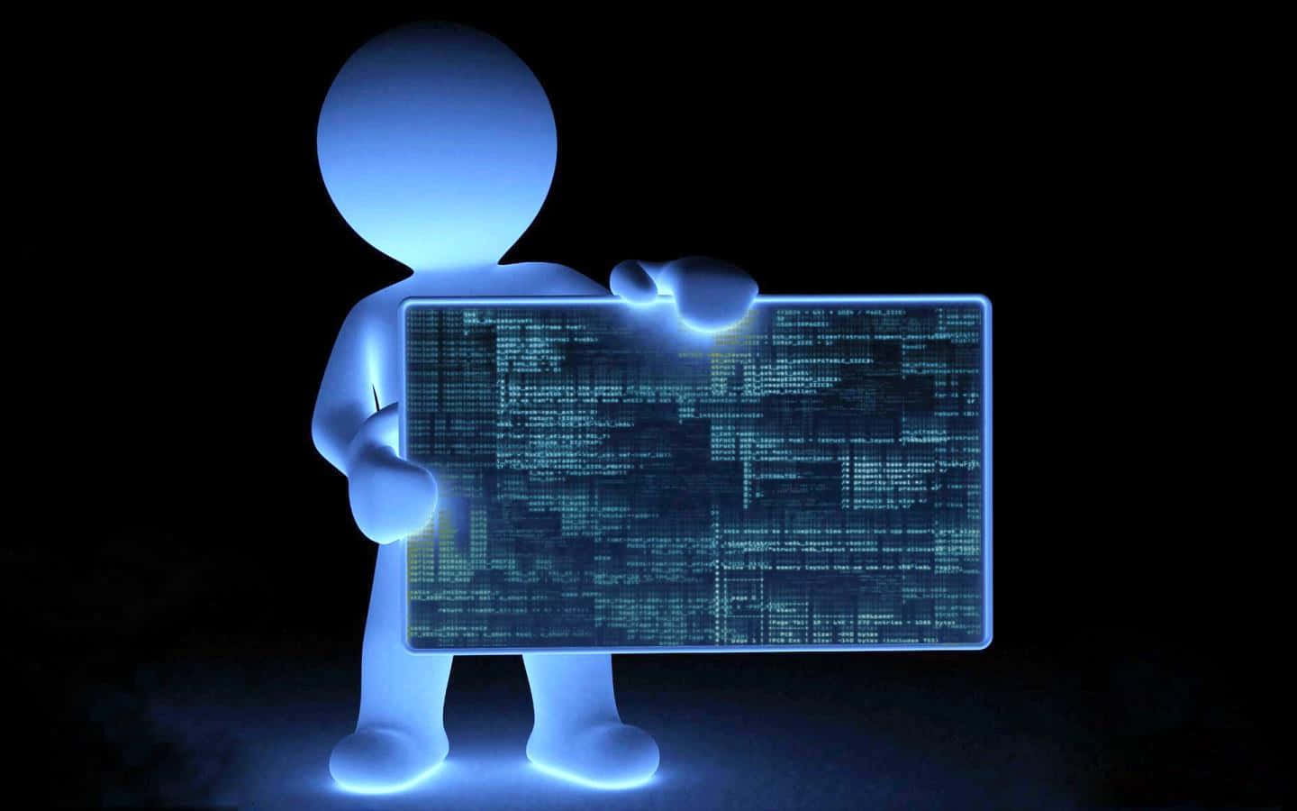 glowing blue, 3D-rendered figure, cascading digital code, HD Desktop Wallpaper