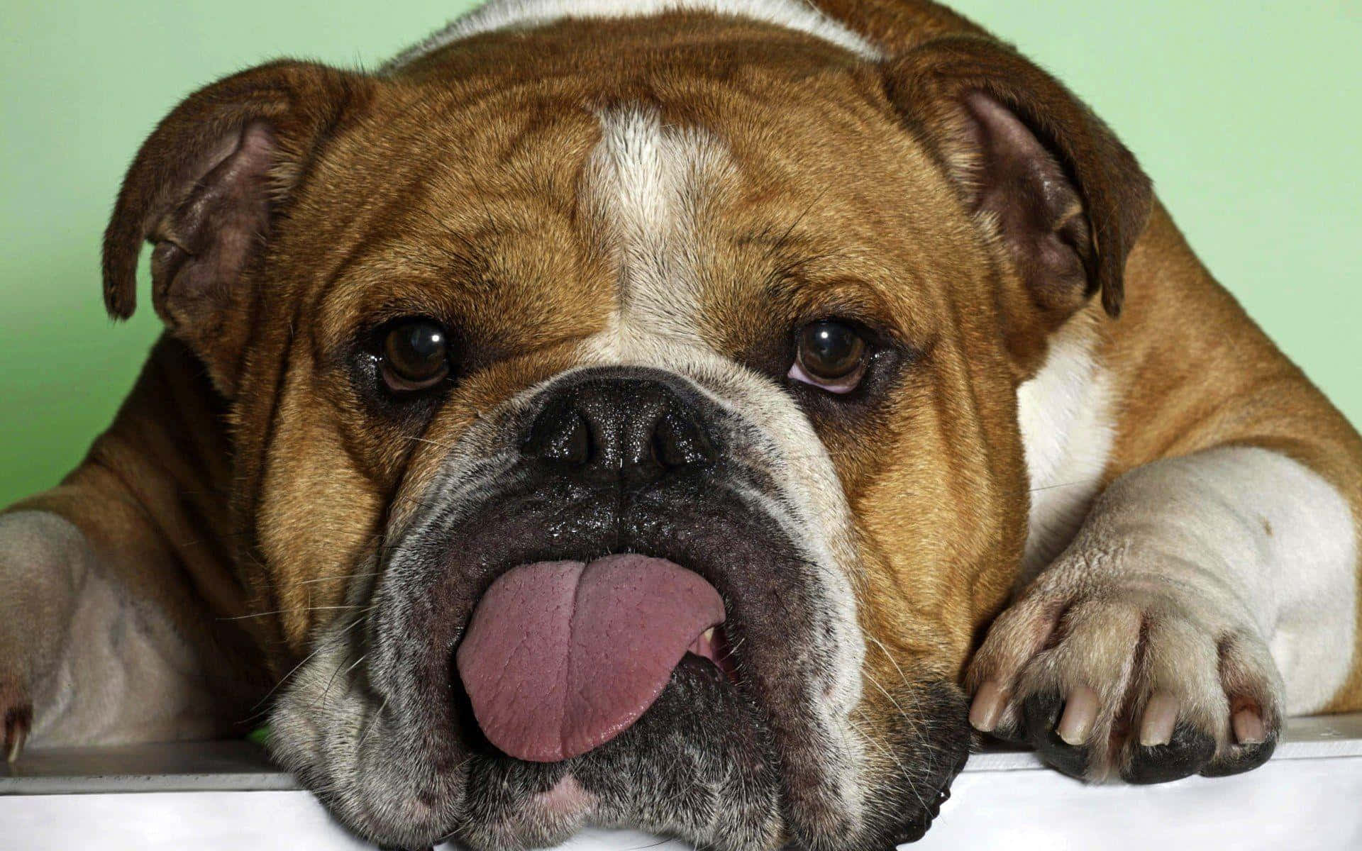 brown and white bulldog, tongue out, white surface, Full HD Desktop Wallpaper