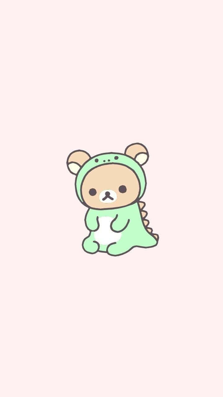 cute cartoon bear, light green dinosaur costume, soft pink background, HD Phone Wallpaper