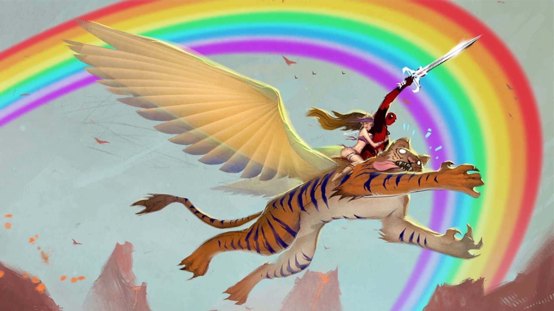 Deadpool, winged tiger, vivid rainbow arch, Full HD Desktop Wallpaper