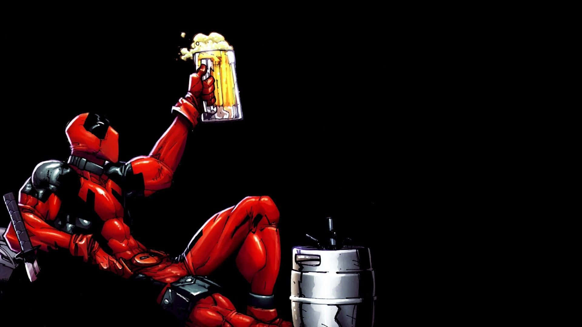 Deadpool, red and black suit, frothy beer mug, Full HD Desktop Wallpaper