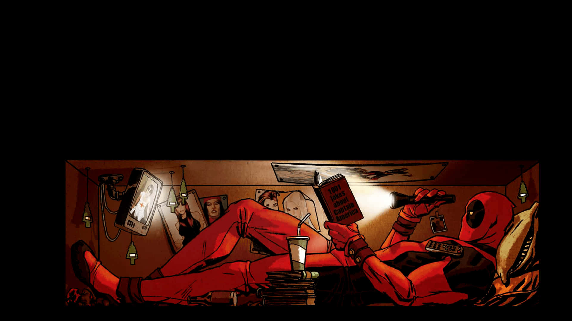 Deadpool, dimly lit room, book, Full HD Desktop Wallpaper