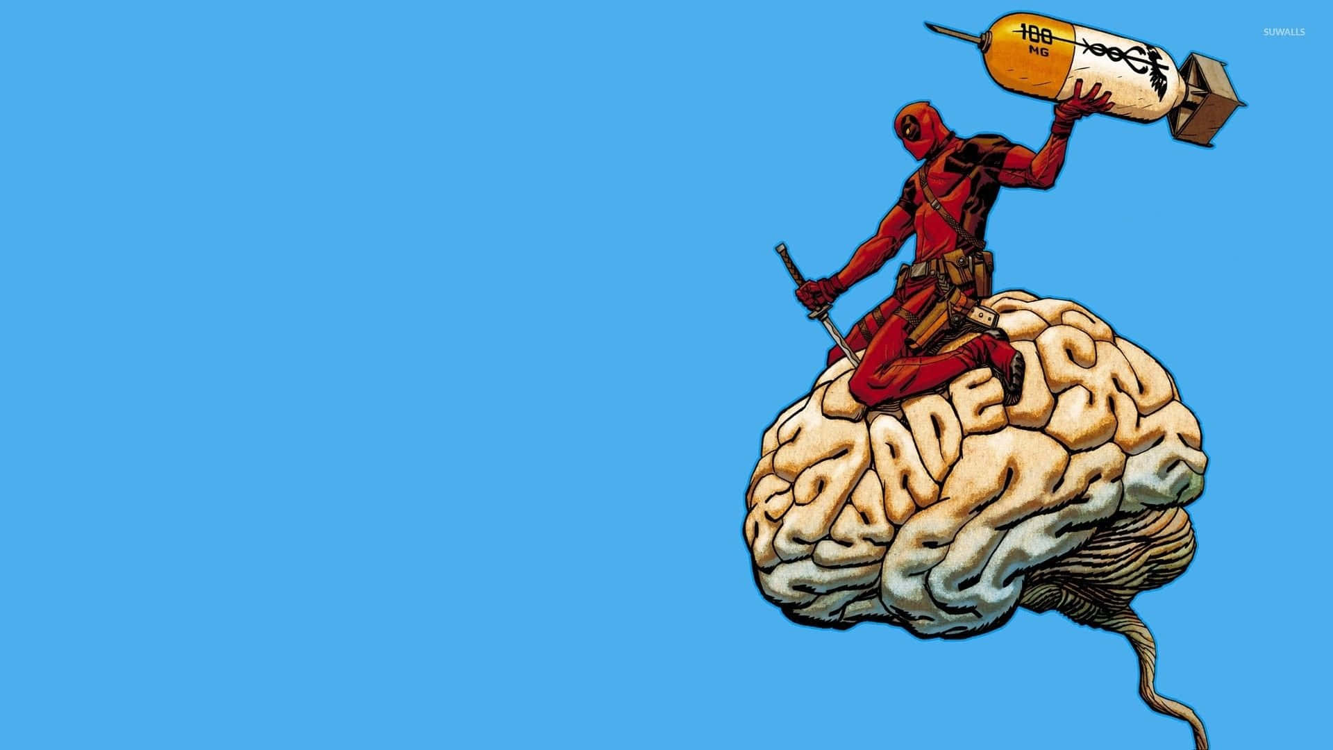 Deadpool, giant brain, syringe labeled '100 mg', Full HD Desktop Wallpaper